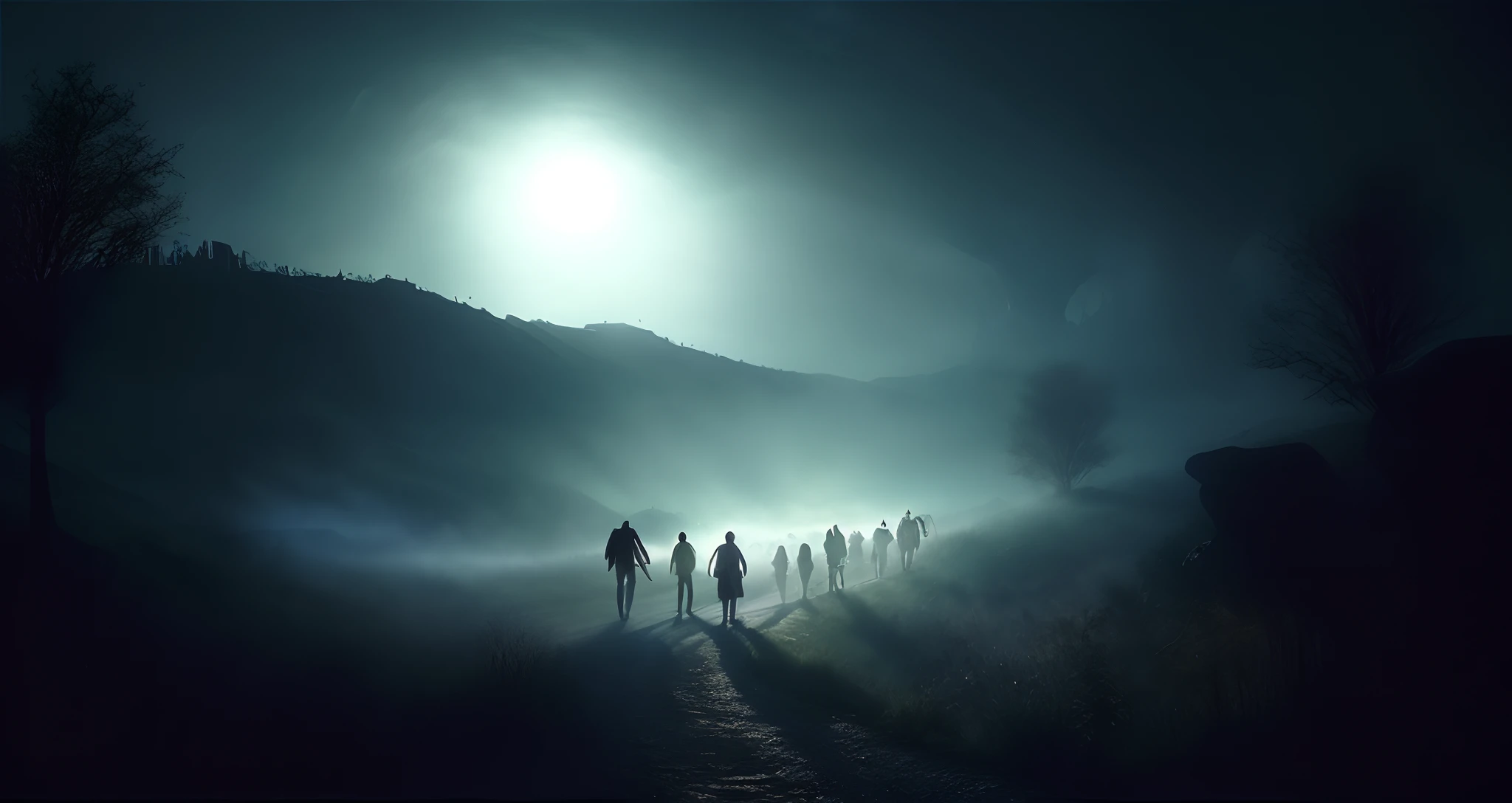 There are many people walking in the fog on a trail, Directed by: Mirko Rački, figuras escuras andando, pessoas correndo com medo, Directed by: Relja Penezic, Zdzislaw Beksisnski, many beings walking about, sombras de zumbis, Directed by: Aleksander Kobzdej, mutants roaming in the evening, pessoas fugindo
