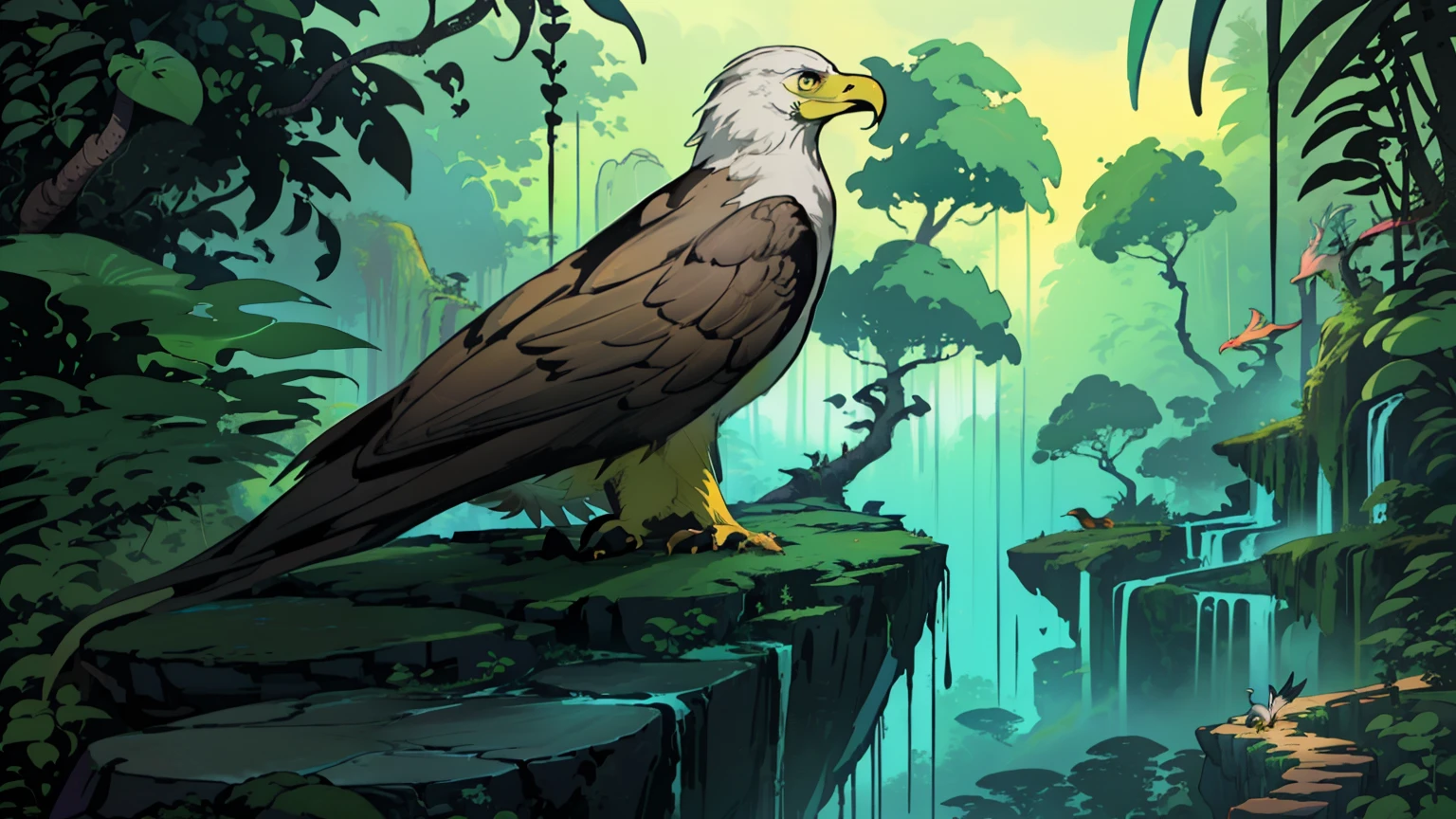 "Side view, Beautiful and majestic eagle with a magical elongated tail perched on a rocky outcrop, gazing towards the lush jungle."