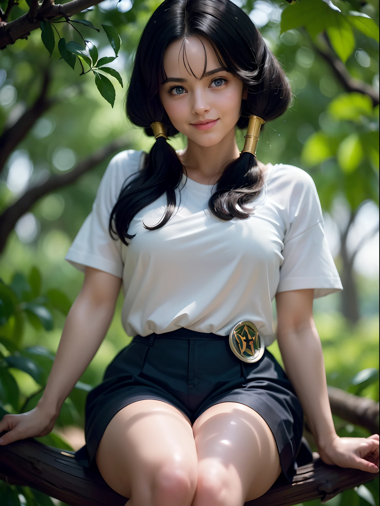 ((Masterpiece:1.4)), (high resolution:1.4), (sitting on the branch of a tree:1.5), open smile, teth, videl2, solo, blue eyes, black hair, twintails, black gloves, bike_shorts, bangs, white shirt, badge, medium breasts, smile,, garden, looking at viewer, beautifull smile, beautiful face, highly detailed skin, skin pores,(highly detailed face:1.1), (highly detailed eyes:1.1), realistic pupils, full face blush, full lips, (perfect anatomy:1.1), (perfect proportions:1.1), (photography:1.1), (photorealistic:1.1), volumetric lighting, dynamic lighting, real shadows, (highres:1.1), sharp focus, rembrandt lighting, (realistic, hyperrealistic:1.4), intricate, high detail, dramatic, subsurface scattering, big depth of field, vivid, polished, sharpened, ((full Sharp)), (extremely absurdres),16k hdr,