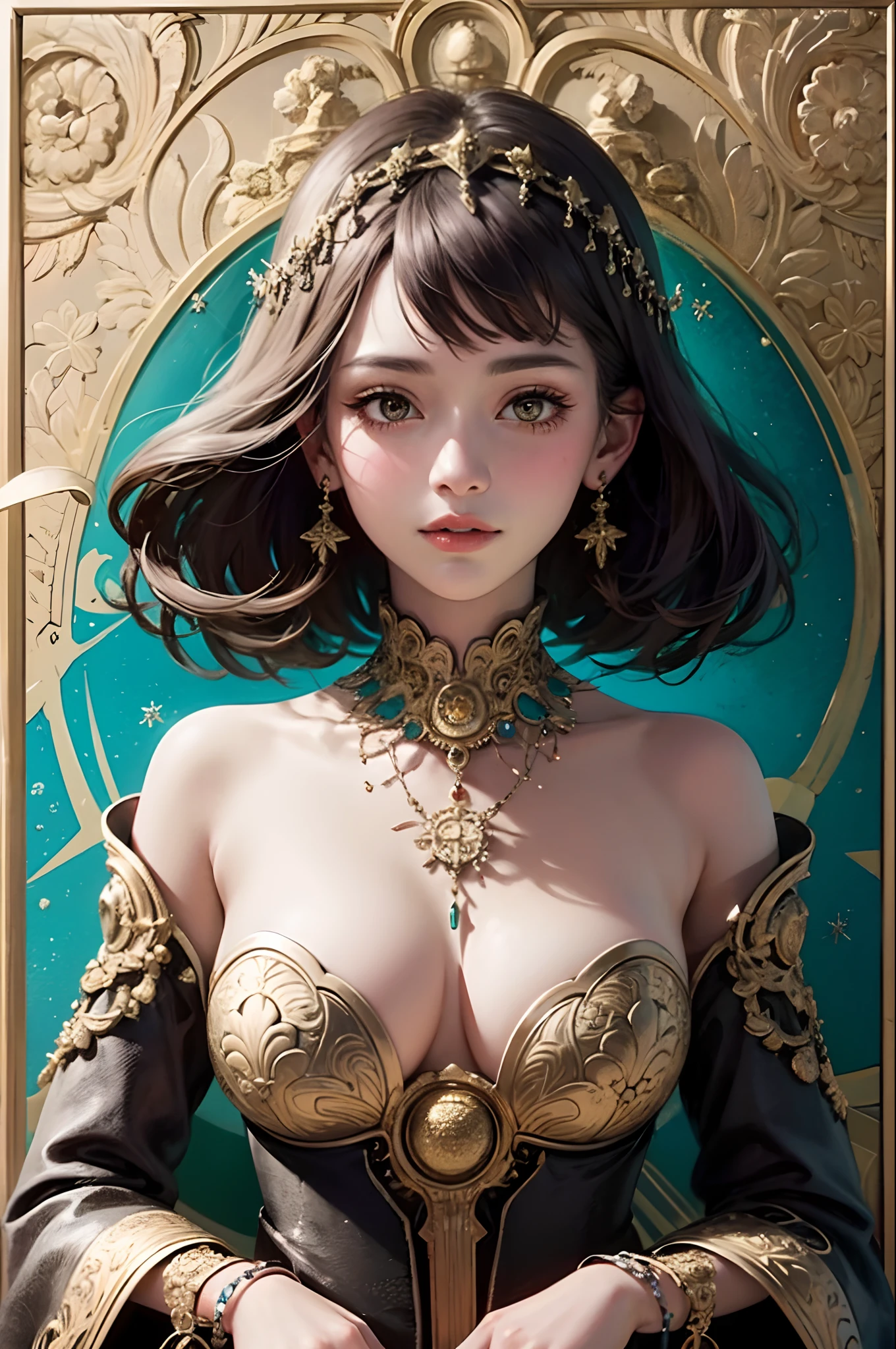 (masterpiece, top quality, best quality, official art, beautiful and aesthetic:1.2), (1girl), extreme detailed,colorful,highest detailed, official art, unity 8k wallpaper, ultra detailed, beautiful and aesthetic, beautiful, masterpiece, best quality, (zentangle, mandala, tangle, entangle) ,holy light,gold foil,gold leaf art,glitter drawing, PerfectNwsjMajic