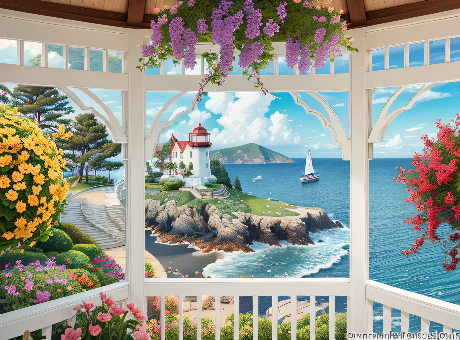 there is a gazebo with a view of the ocean and a lighthouse, detailed scenic view, sunny bay window, seaside backgroud, beautiful scenic view, scenery artwork, scenery art detailed, overlooking the ocean, in a scenic background, scenic view, beatiful backgrounds, scenic background, there is a window to the sea, thomas kinkade style, ocean view