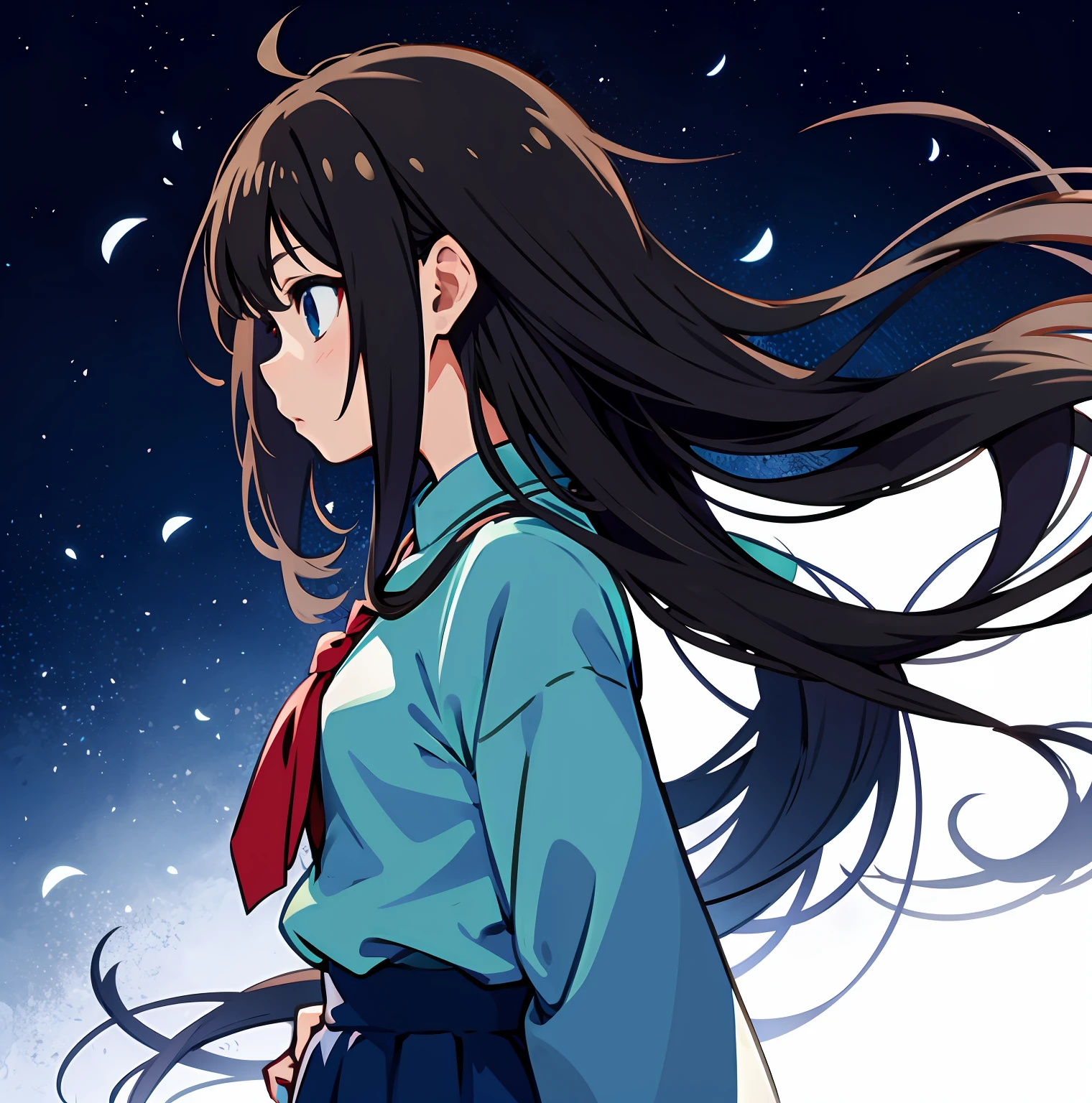 anime girl with long hair and a blue shirt looking away, side view