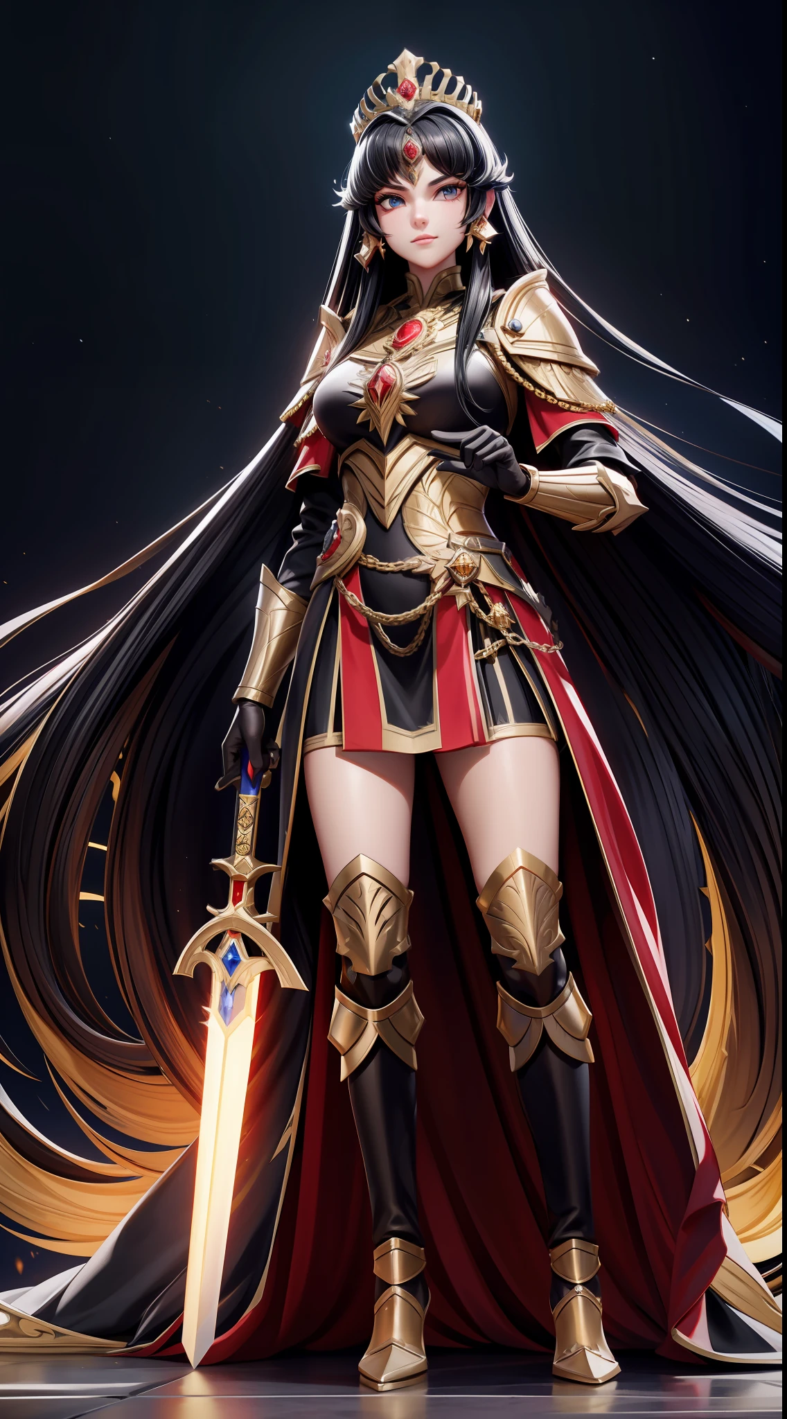 full body picture Unreal Engine 5 8K UHD of beautiful women, black long hair, queen, royal golden armor with details, red cape, female royal knight, formal pose, holding sword with ancient language, flying ancient language effect, gold crown with diamonds, best quality, masterpiece