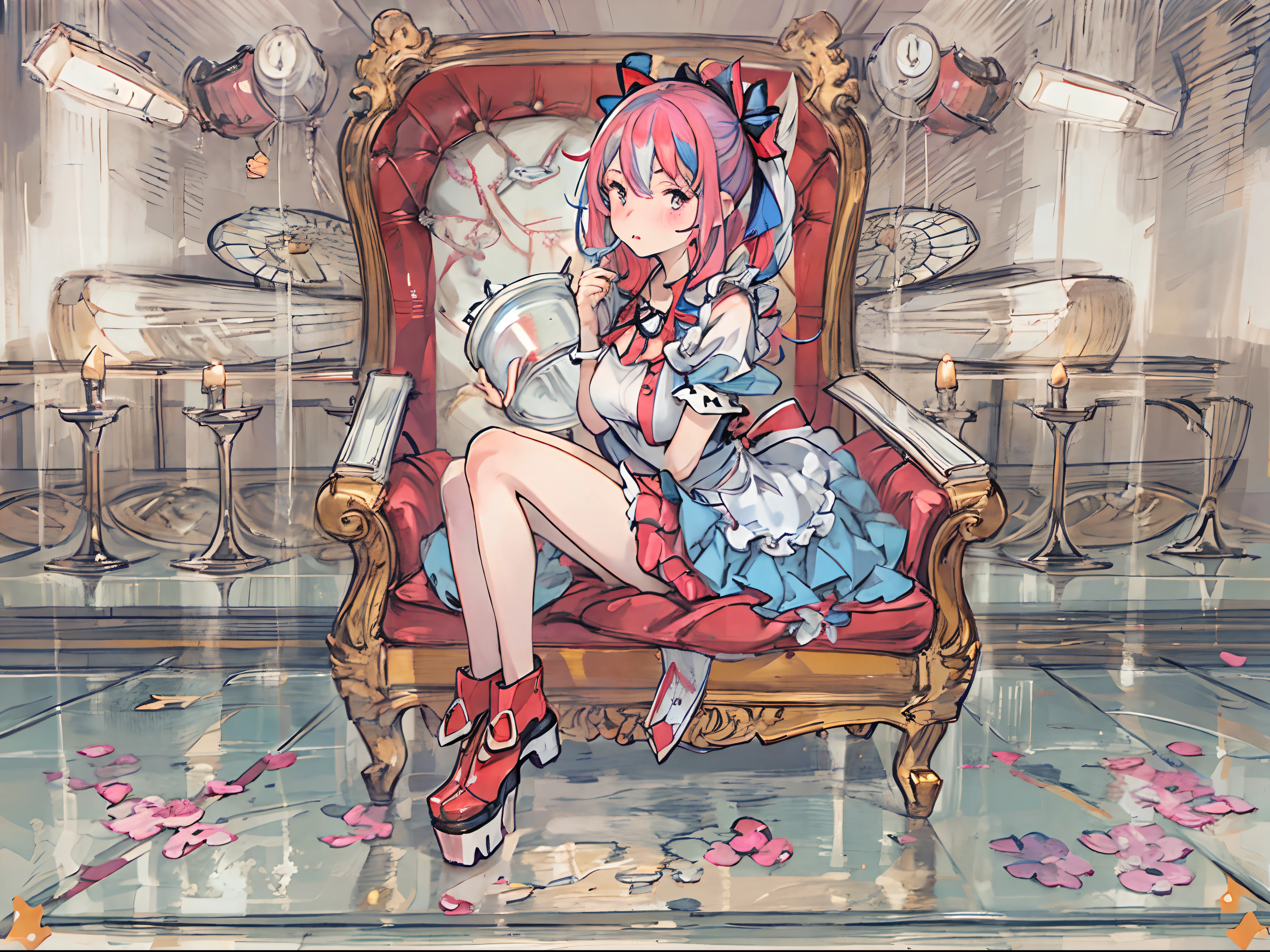 (kitchin:1.3),BREAK,Anime, Absurd, masutepiece, super detailed, Best Quality, Professional Lighting, Hyper Detail, Sharp Detail, (Light transmission), Detailed Background Information,BREAK,1 woman, Very beautiful, Detailed face description, Big beautiful purple eyes, 20yr old, BREAK,(Cooking), red blush, Surprised:1.3, bashful:1.2, Deep blue hair Red multicolored hair, Twin-tailed, Platform boots, BREAK,(Mini skirt maid), zettai ryouiki,Large breasts,