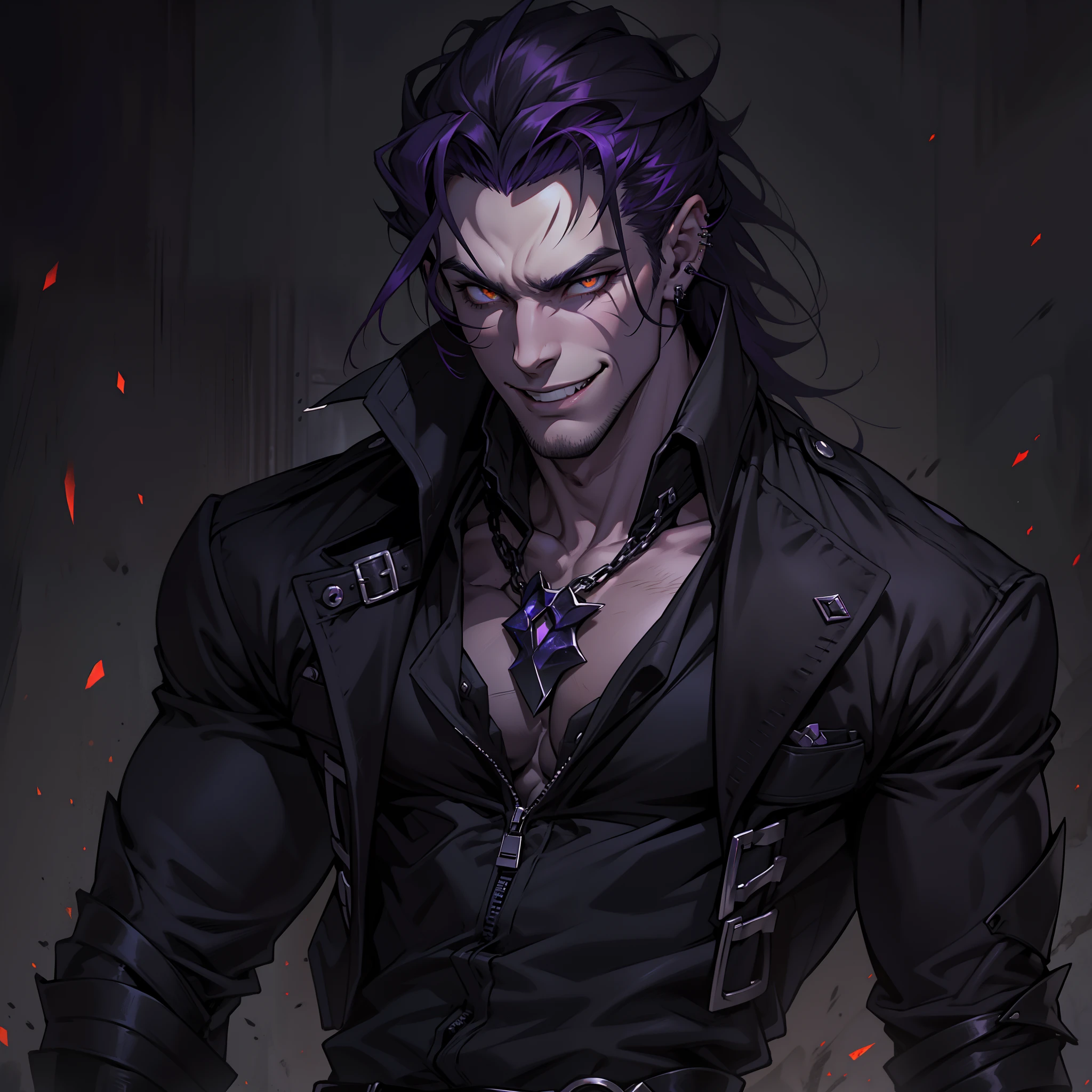 Handsome male. Dark silky purple hair, amber eyes, lean and muscular build, with a sharp jawline and a devilish smile. I'm dressed in fine black clothes and have a silver stake tucked in my sleeve. Vampire. Bara. Bulge in pants. Black boots. Piercings.