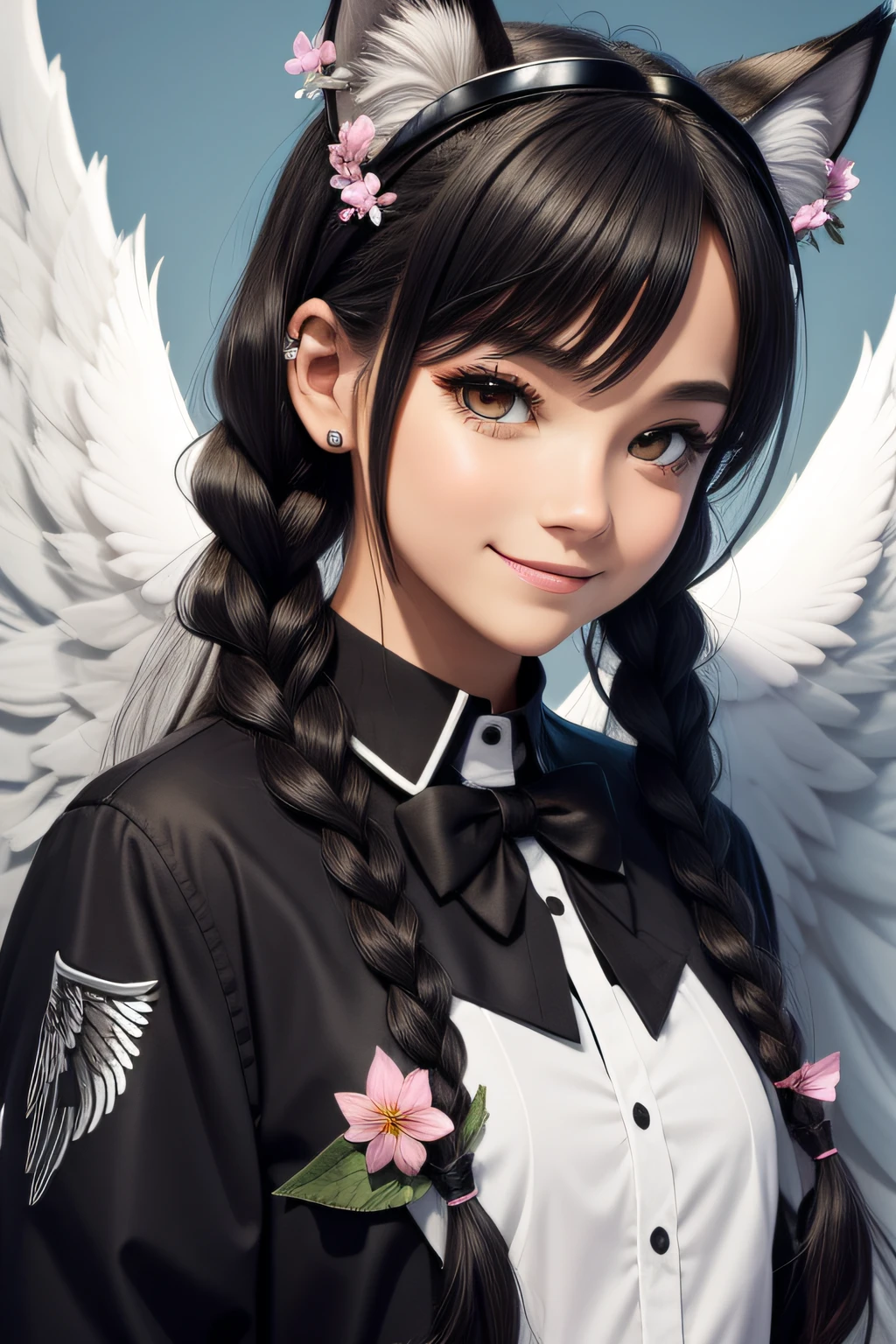 EX Wings:Angel, Animal Ears:Wolf, Clothing:EX Tuxedo, Facial Expression:Smile, Hair Accessories:EX Flower Crown, Hair Style:Twin Braids