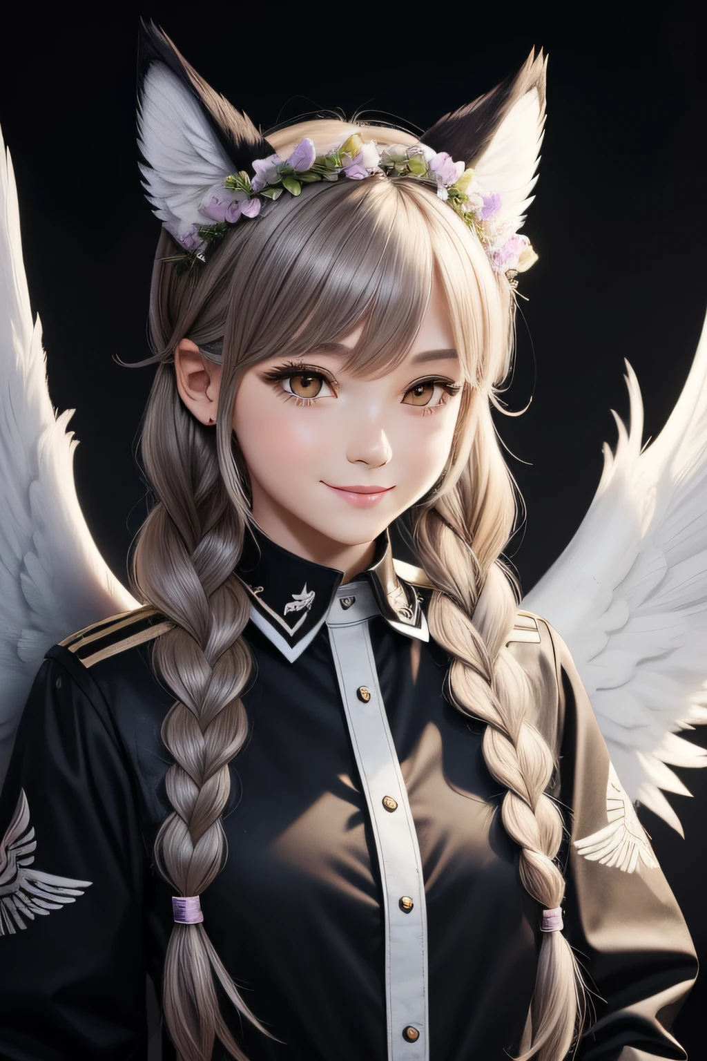 EX Wings:Angel, Animal Ears:Wolf, Clothing:EX Tuxedo, Facial Expression:Smile, Hair Accessories:EX Flower Crown, Hair Style:Twin Braids