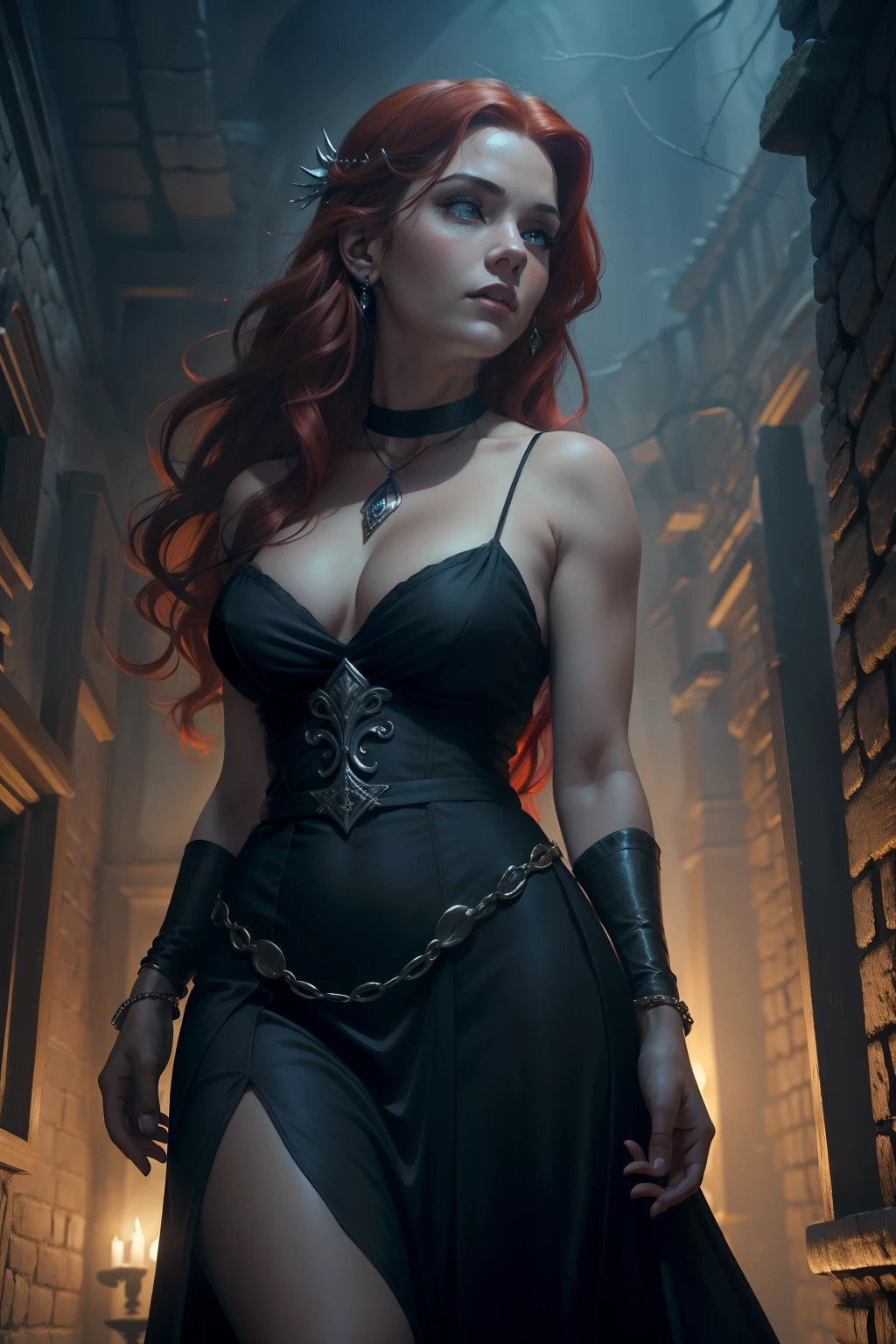 pintura de uma mulher com cabelo cacheado vermelho e um estrangulamento em um vestido preto, Estilo de arte de John Collier, Donzela com cabelo de cobre, estilo de Karol Bak, uma mulher de cabelos cacheados ruiva, Retrato de uma bruxa, No estilo de arte Bowater, Directed by: Roberto Lenkiewicz, Geraldo Brom, Alberto Lynch, Retrato da atriz young Kate Winslet, Dave Sim, Red-haired woman in a gloomy palace, vestido preto e roxo de veludo usando um kokoshnik, vestido luxuoso purpura , head adornment, Gargantilha de renda, mulher sexy, labios carnudos, seios fartos, corpo escultural, usando um chale negros sobre os ombros com flores roxas bordadas, wearing a head adornment and jewelry on the neck , mulher sexy, barda sedutora, mulher de cabelos cacheados e seios fartos, Princess with malicious and cruel expression, rosto redondo e bonito, mulher gordinha, corpo bonito e gordo, cabelo volumoso e seios fartos, cabelo bonito, parecida com a atriz Kate Winslet jovem e bonita, rosto redondo olhar malicioso, Plump face, rosto de anjo, rosto de querubim, diabolical expression, vestido luxuoso, vestido nobre, vestido de princesa, Plump body, mulher sexy, Cute plump body