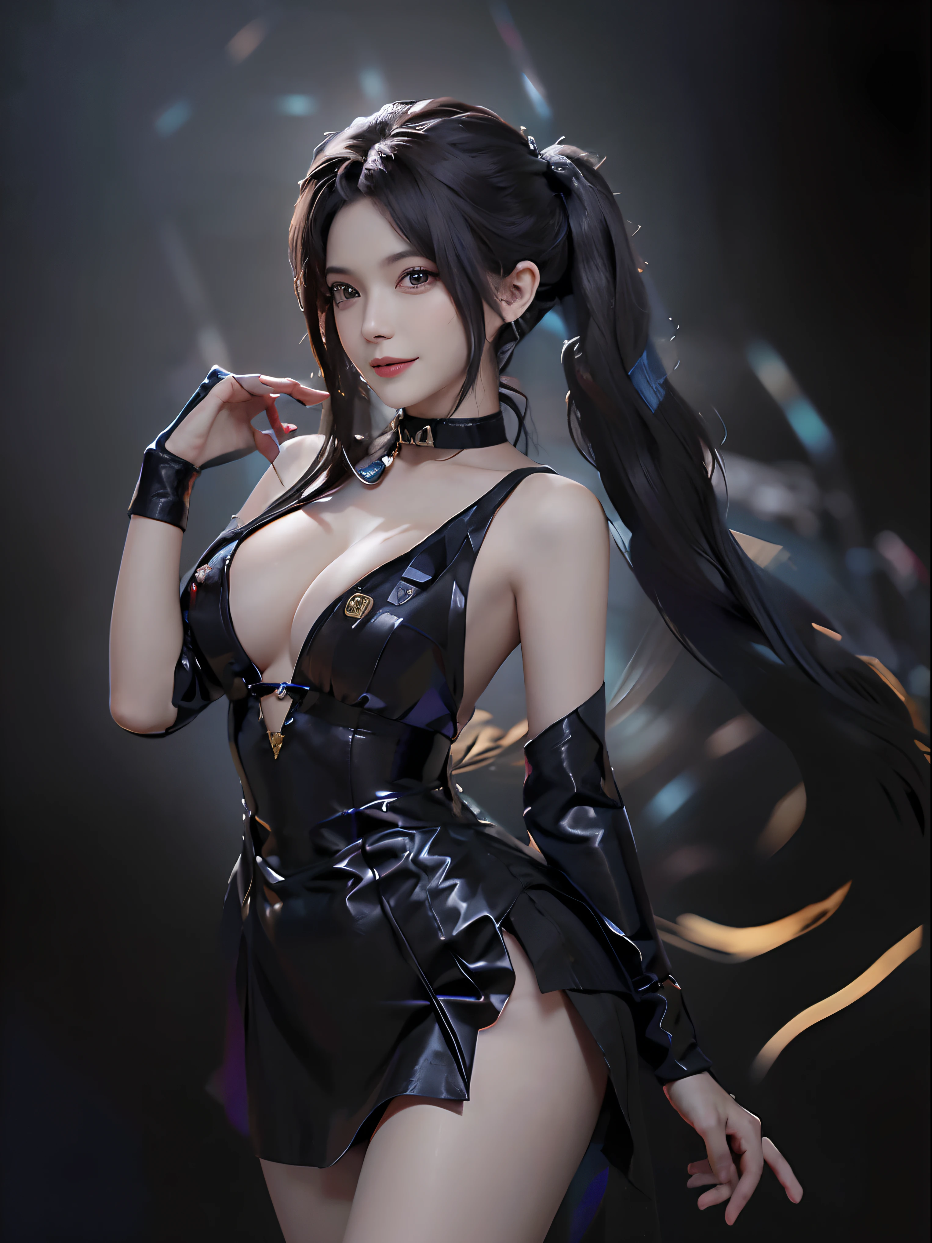 keyword: 1girl in photoshoot,hatsune miku, Japan person, looking at the view, eyes on the view, smile (big smile), (open mouth), full body, 25 years old girl, perfect body, perfect anatomy, long twin tail hair with pony, full bright tosca color for hair, tosca eye color, double eyelids, huge breasts, Highly detailed skin texture,(Realistic skin), Ultra-Detailed Face, Detailed Lips, Detailed Eyes, Double Eyelids,nacklaces, wet skin, wet hair, sexy poses, model poses, luxury satin dress (black), (8k, RAW photo, best quality, masterpiece: 1.45), (realistic, photorealistic: 1.37), professional lighting, photons mapping, radiosity, physically based rendering, Deep V-neckline, top quality photo, high res, 4K, (clear face), (detailed face description), (detailed hand description), (masterpiece), (exquisite CG), extreme light and shadow, master work, rich details, (fine facial features), (highest quality photo), (masterpiece), (detailed eyes), look in front of you eyes, fine clavicle, ((large breasts)),(((areola_slip))),((puffy areolae)),((sideboobs)),(underboob),(((collar))),earrings,cowboy shot