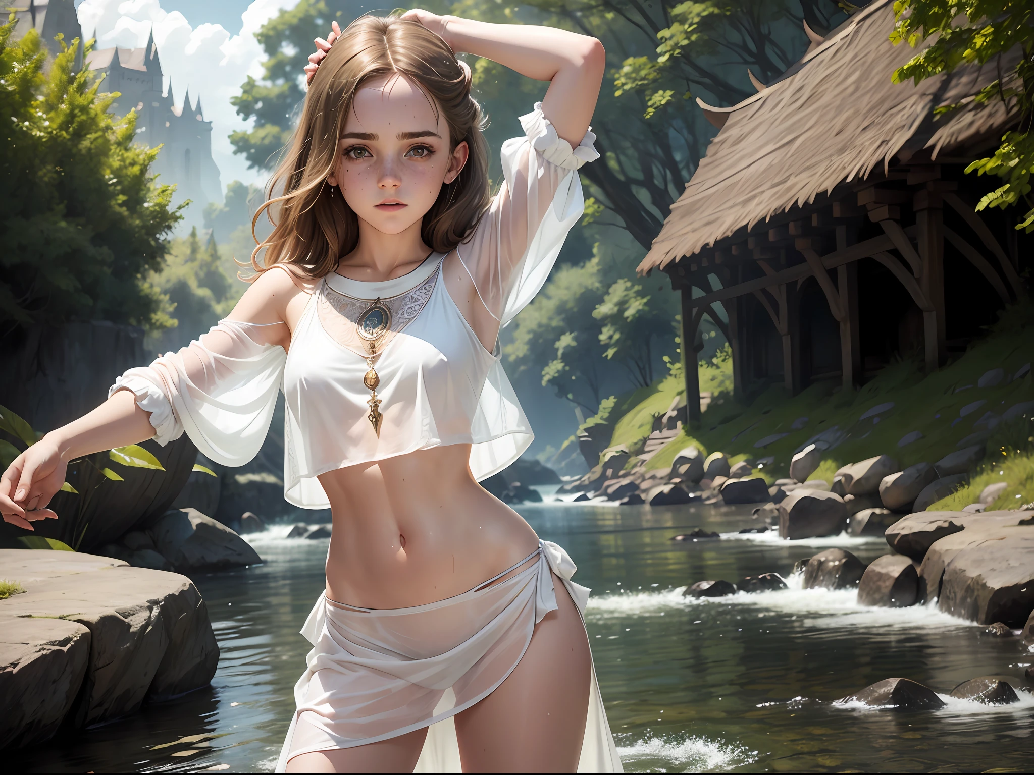 Emma Watson as a white priestess girl. Freckles. wet crop top. see-through. Background river.