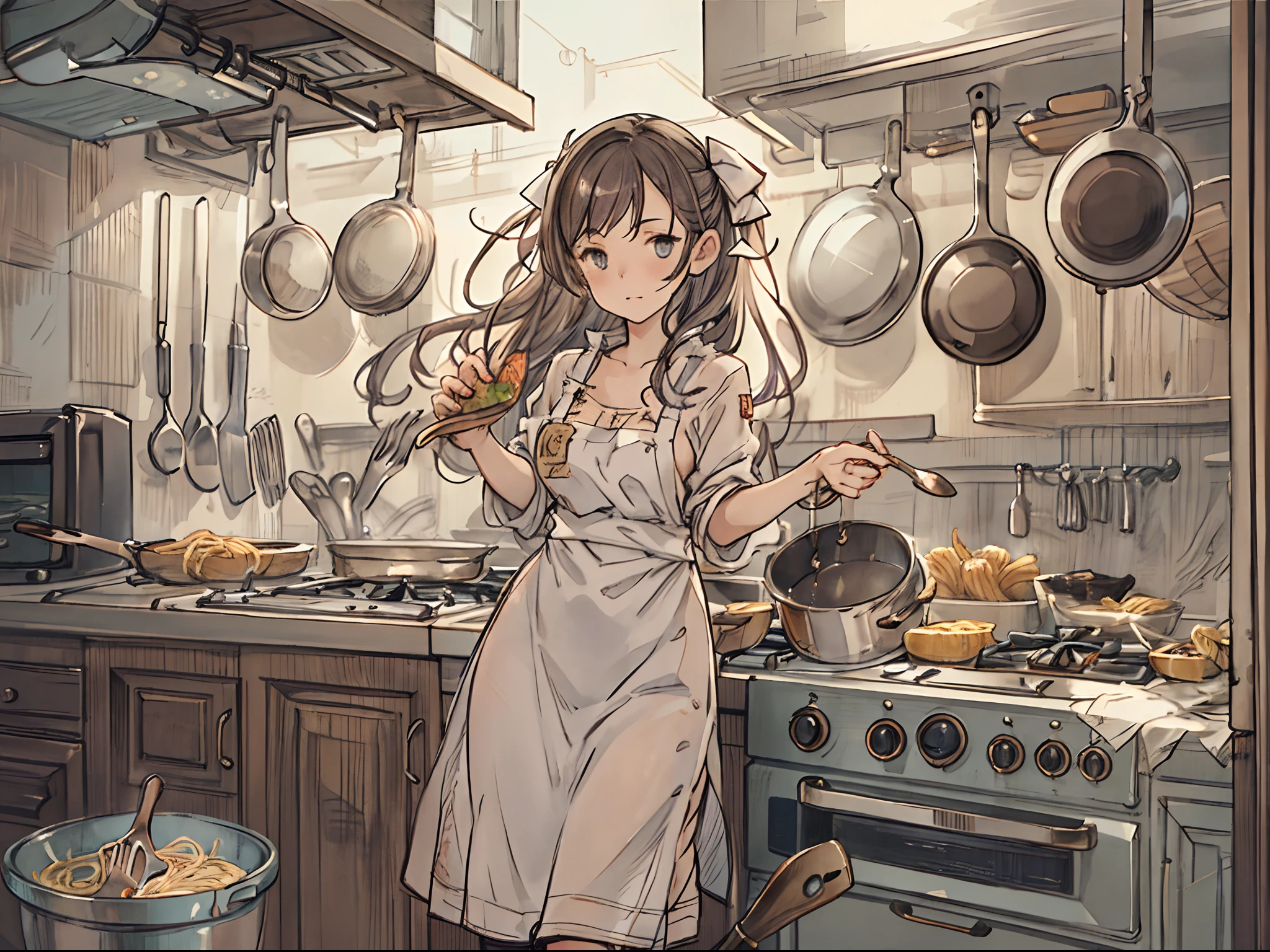 Teenage woman dressed rough in kitchen、In a sophisticated atmosphere、It depicts them skillfully cooking pasta and Italian cuisine..。Her culinary sense and mature approach stand out