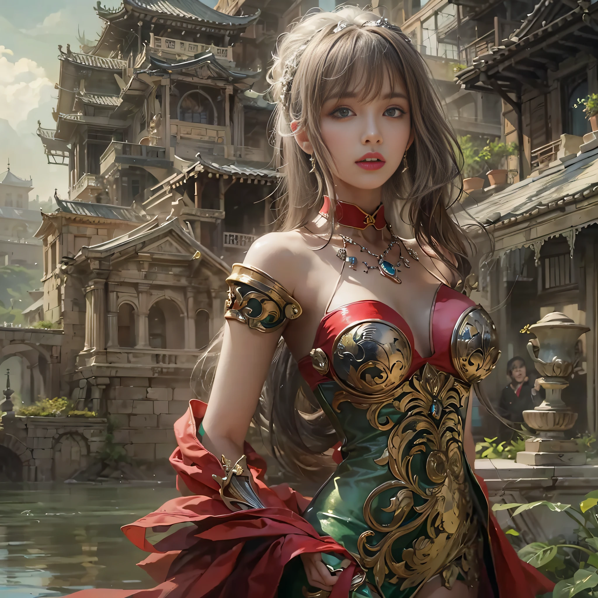 ((masterpiece:1.4)、(top-quality:1.4)、(reallistic:1.7))、Beautiful girl strolling in the garden of fantastic ancient city、Sexy Daughter、Super beautiful girl、1girl in:1.4、Dress like a queen、Glossy luxury latex、Luxury Latex Bodysuit、By Luis Royo、age19、Super Ultra Ultra Bikini、Cute tattoos、Outstanding style、(Two legs are drawn correctly:1.7)、(Two arms:1.4)、anatomical correct、Slender Abs、(beauty legs:1.4)、beautiful countenance、kawaii faces、Beautiful ass、A detailed eye、beautidful eyes、Raw photo、red-lips、Red high heels、a choker、a necklace、耳Nipple Ring、Fantasy of an ancient city、Fantasy worldview