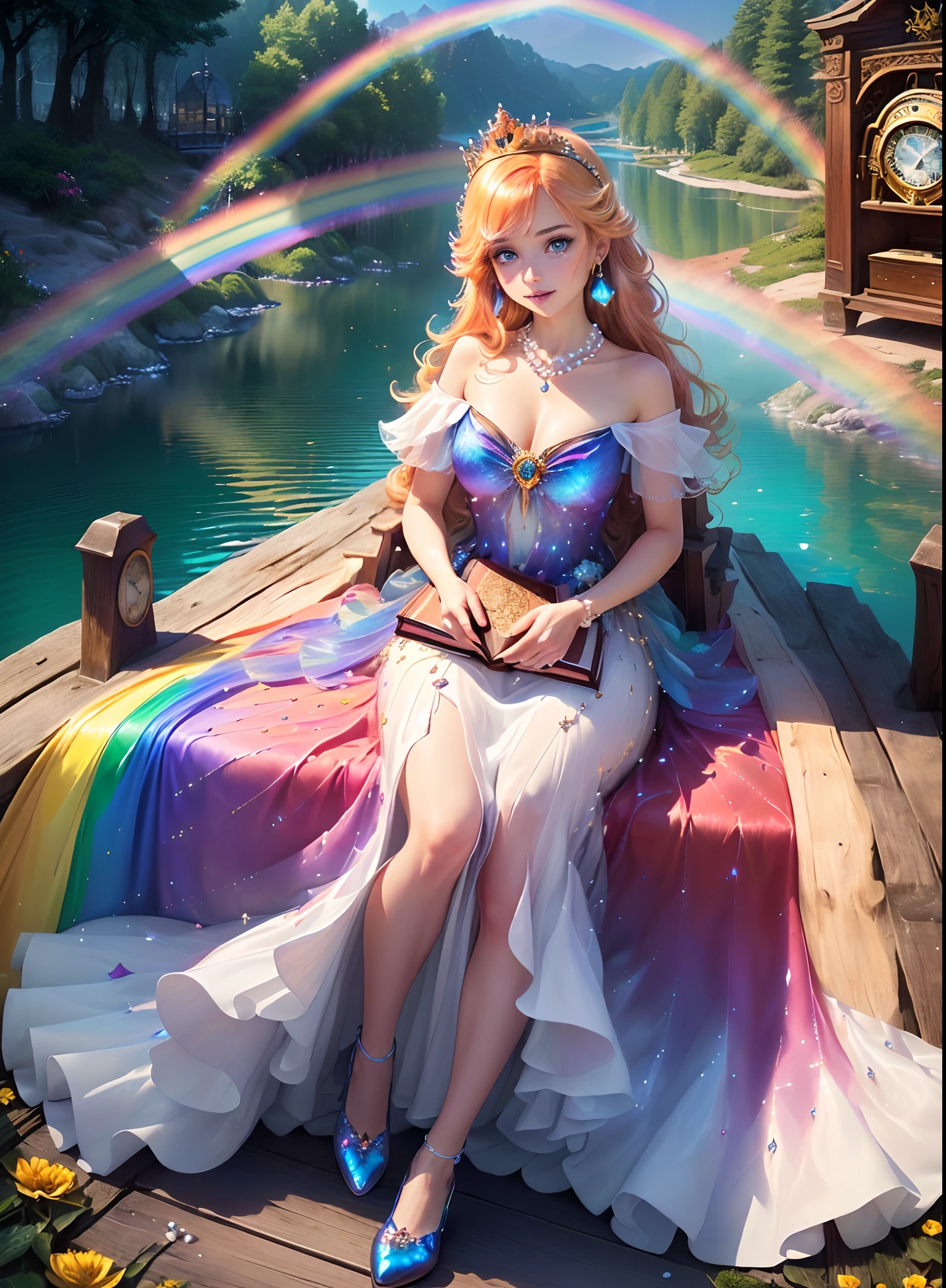 1girl, ((cinematic light)), colorful, hyper detail, dramatic light, intricate details, best quality, (extremely detailed CG unity 8k wallpaper, masterpiece, best quality, ultra-detailed, best shadow), (detailed background:1.4), (beautiful detailed face, beautiful detailed eyes), High contrast, (best illumination, an extremely delicate and beautiful),(girl:1.5), cowboy shot, masterpiece, (((best quality))) (((PERFECT QUALITY))), (((highly detail eyes))), (((highly detail))), (((((perfect eyes))))), (((((((beautiful eyes))))))), both eyes are the same, smooth, (((((perfect face))))), ((((extremely detailed 8K)))), high resolution, ultra quality, glare, Iridescent, Global illumination, real hair movement, realistic light, realistic shadow, perfect quality, detailed shadow and light, pixar, ((FANTASY)), ((MAGIC)), 3D, ((HIPER quality)), (((2K, 3K, 5K, 6K, 7K, 8K,))), ((detailed, good quality))

(((cute and delicate girl SITTING ON THE BRIDGE)))), ((light orange hair))), ((long hair)), ((kawaii)), ((((cute eyes)))) , ((kawaii eyes))

((((Princess)))), (((Princess crown))), 

((((Long  detailed glitter RAINBOW COLORFULL feather crystal princess dress)))), ((((((LONG BIG RAINBOW COLORFULL chic princess dress))))))

((shiny crystal shoes)), ((gold accessories, gold earrings, flower accessories, pearl accessories)),((happy expression)),

((SHINES, SPARKLES)), GOLD, ((sparkles)), ((shiny butterflies flying)), (feathers)

LAKE, BRIDGE, (((((CLOCK))))), MIRROR WATER, (((((FLOWERS IN THE LAKE))))), FOUNTAIN, (((LIGHTS SHINING IN THE LAKE))), BUSHES, NATURE
(((WOOD, BLUE CRYSTALS ON WOOD, PEARLS ON WOOD))), (((blue crystals))), ((((MAGIC LIBRARY)))), (((FOREST)))
 (((((magical ancient place)))))