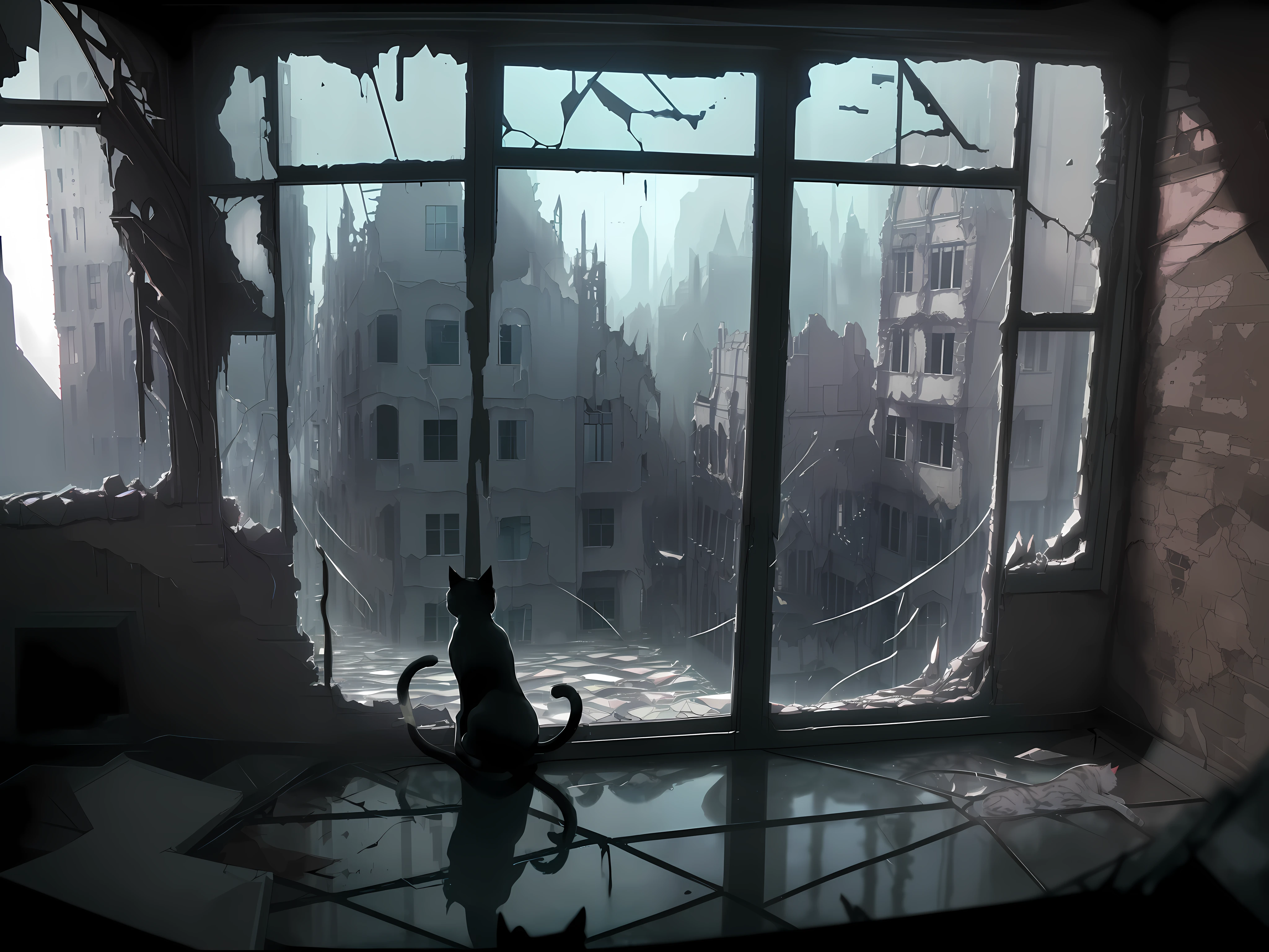 {{illustration}}, {{ultra-detailed}}, {{chromatic aberration}}, {{caustic}}, Amazing, extremely detailed CG,extremely detailed cat, {{an extremely delicate and beautiful}}, (ruins, crumbling building: 1.3 ), (flooded city,: 1.2), (landscape from the window, broken windowpane: 1.2), {{{Cat walking on roof}}}, Cat focus, Cat in center, cat