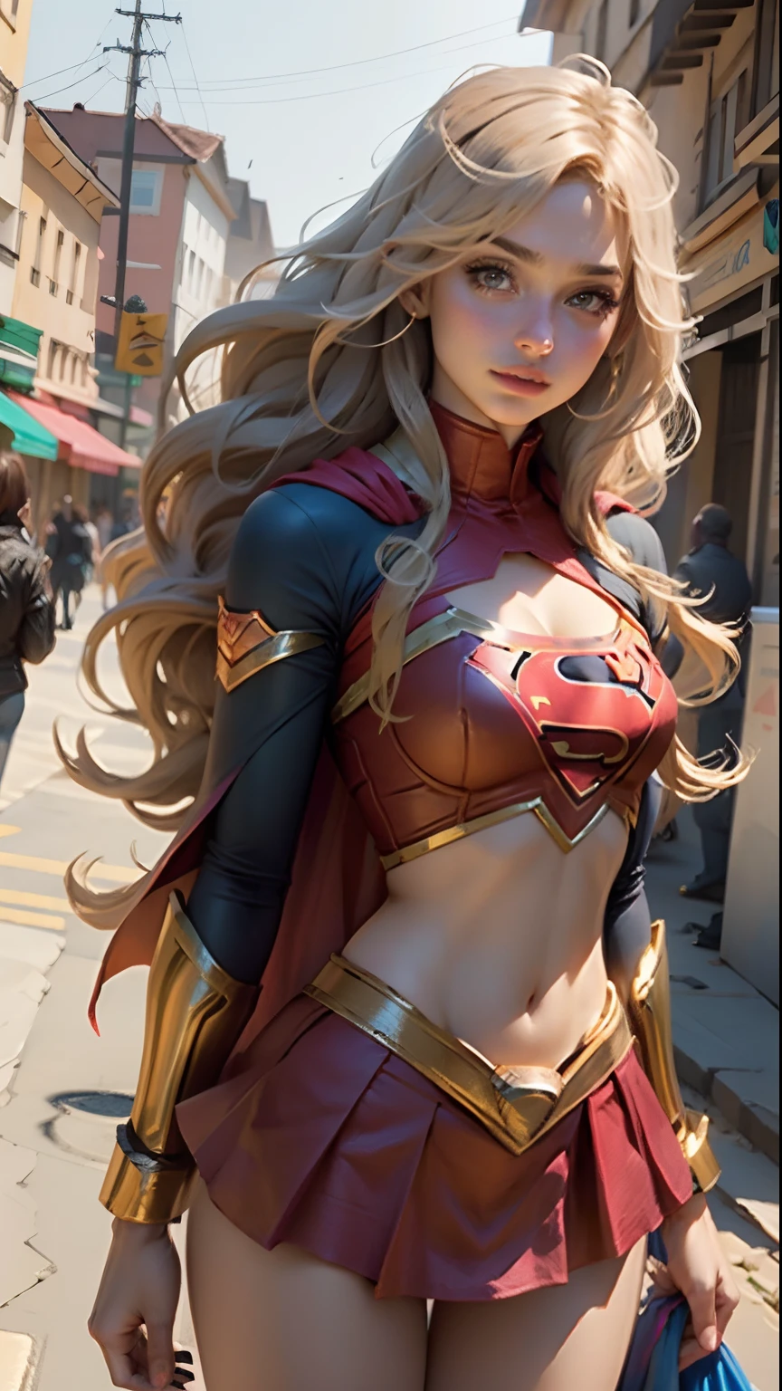 Mulher bonita cabelo curto corpo definido seios grandes, vestindo cosplay de Supergirl, nua, pelada