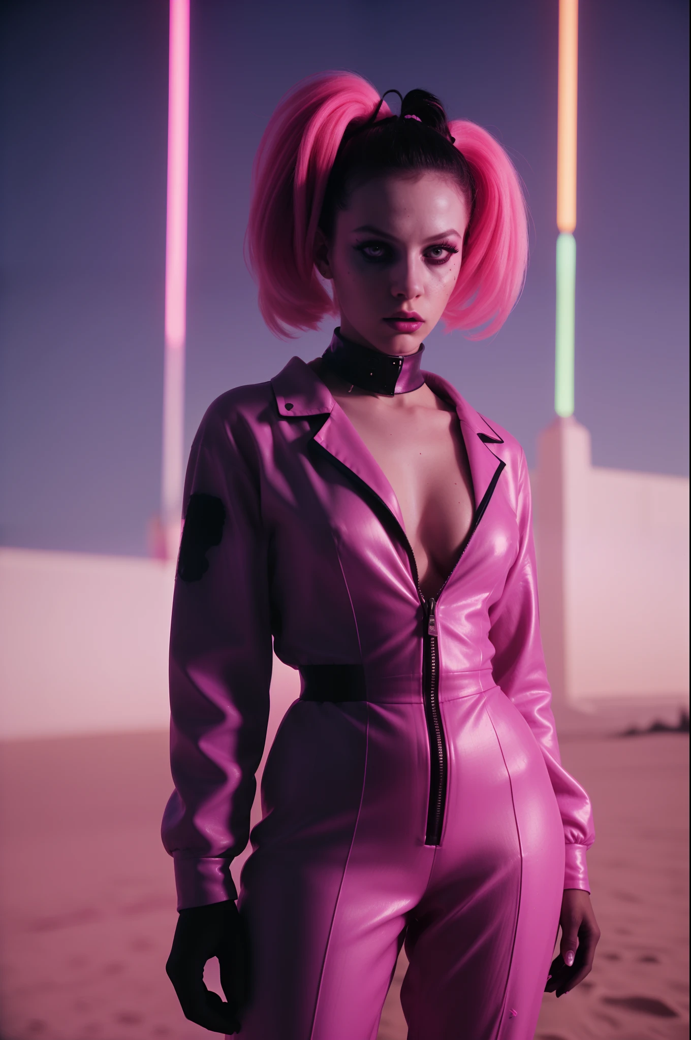 tension, unsettiling, vaporwave, synthography, rococohorrorcore, Female, attitude, jumpsuit, night time in future neon dessert 35mm photography, hard flash, overexposed