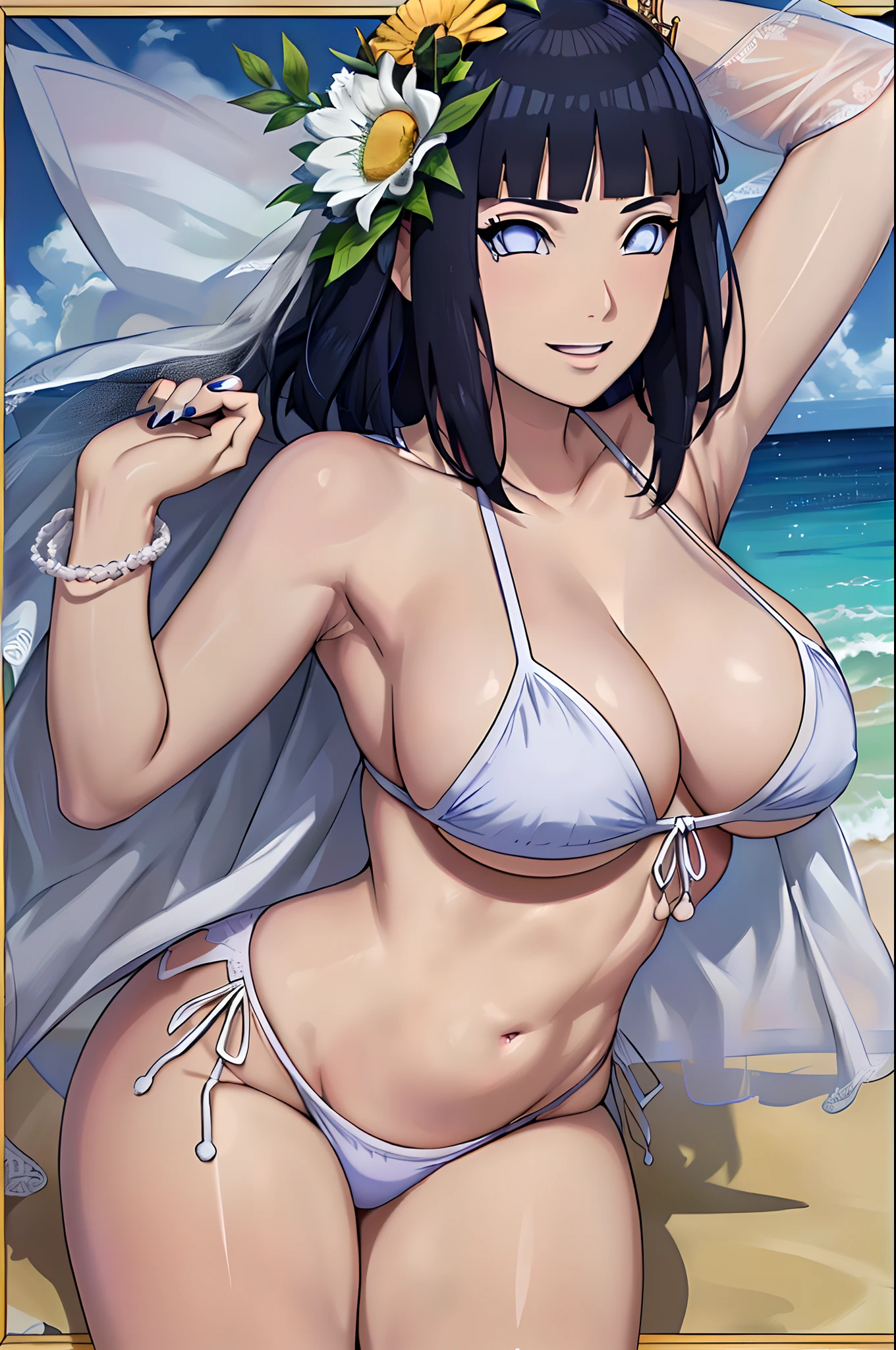 (WALLPAPER, masterpiece, 1k, anime style:1.9, ((inside photo frame), photo, detailed beach background, looking at viewer, big breasts, big boobs, open mouth, high color saturation, bold lines, bold drawing lines, (strong arms, armband, flat belly, groin, hands behind back), detailed bold arm lines), (strong arms, armband), strong light on body, plain, bare body, (large breasts, perky boobs), minimum clothing, taking off shirt, bare shoulders, bare chest, polished nails, seductive, (very tight plain white micro bikini, wedding veil, white flower wedding crown), no shirt, showing off), hinata\(boruto\), mature female, sunbathing, milf, (curvy:0.8), solo, (medium hair, hime cut), (dark blue hair color:1.1), white, flat belly, perfect eyes, white sciera, white eyes, anime eyes, smoky eyeliner, eyeshadow, perfect face, shy, sharp focus, professional artwork, intricate details, colorful, vibrant colors, vivid colors, digital blending, ultra detailed body, ultra detail hair, ultra detail face, trending on pixiv, smile, happy, very hot colors, sunny day, outdoor,
