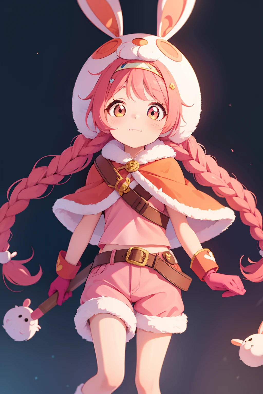 pink hair, long twin braids, little girl, pink short sleeves, red gloves, light orange eyes, rabbit ear hood, blue shorts, belt, pink cape, cute, high quality