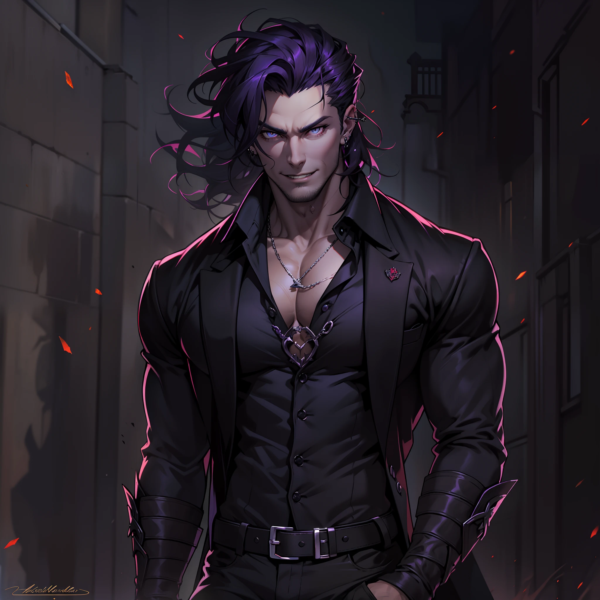 Handsome male. Dark silky purple hair, amber eyes, lean and muscular build, with a sharp jawline and a devilish smile. I'm dressed in fine black clothes and have a silver stake tucked in my sleeve. Vampire. Bara. Bulge in pants. Black boots. Piercings. Wavy hair