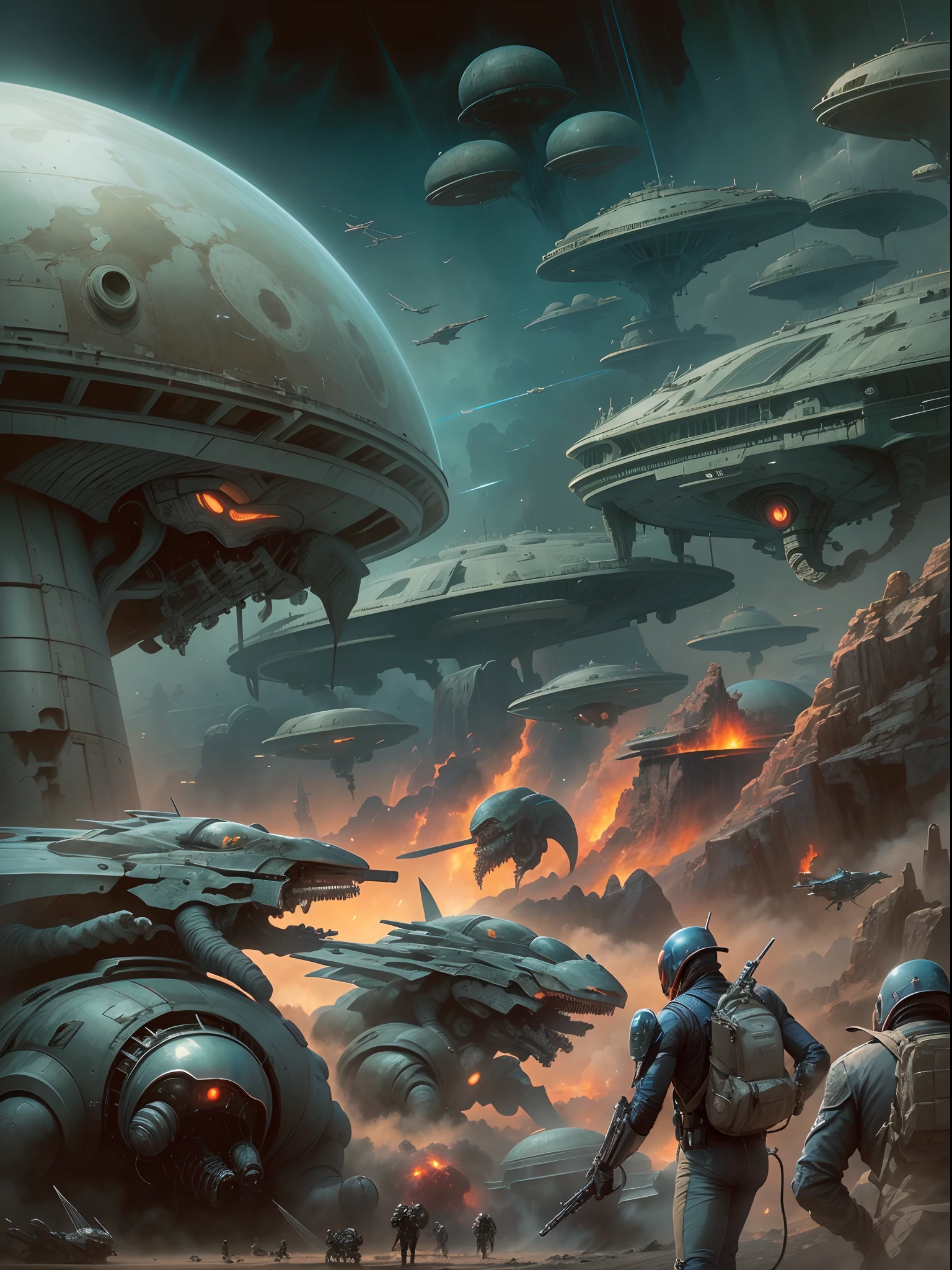 (Best Quality, tmasterpiece: 1.1), illustartion, Alien War, improvisation, Complicated details, chilling, excitement, Hyper-realistic, insanely detailed, ((Стиль Jim Burns)), --AR 3:4 --s 750
