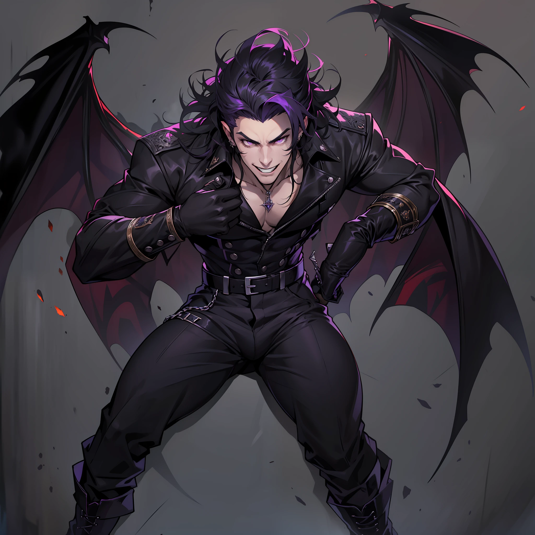 Handsome male. Dark silky purple hair, amber eyes, lean and muscular build, with a sharp jawline and a devilish smile. I'm dressed in fine black clothes and have a silver stake tucked in my sleeve. Vampire. Bara. Bulge in pants. Black boots. Piercings. Wavy hair