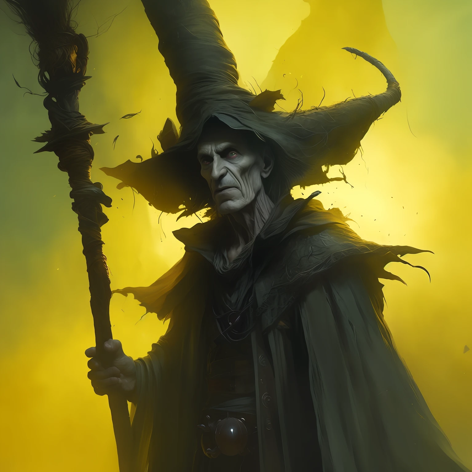 arafed image of a man dressed in a witch costume holding a staff, guillem h. pongiluppi, granny weatherwax, by Tadeusz Pruszkówski, from vermintide 2 video game, evil sorcerer, Artstation contest winner, by Karl Kopinski, featured in artstation, fantasy art behance