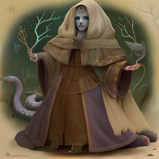 Velha com olhos brancos, with woolen garments, em um ambiente de pantano, with snakes and frogs around, horror cosmico, lovercraft