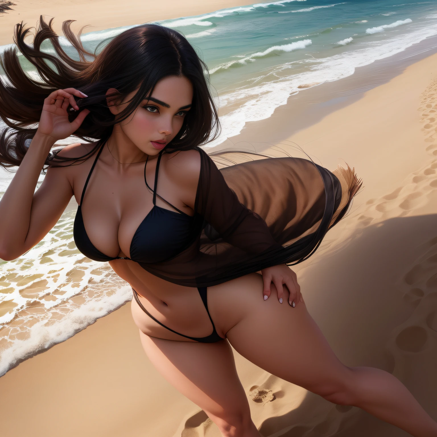 Araffes na praia com pegadas na areia, deitado na areia, na areia, pele bronzeada lisa, standing in sand, deitado em uma praia, beautiful legs, Caminhando na areia, deitado na praia, pele bronzeada profunda, coberto de areia, mulher sensual, linhas suaves, posando em uma praia com o oceano, pernas nuas, crisp smooth lines(bumbum :1.5)