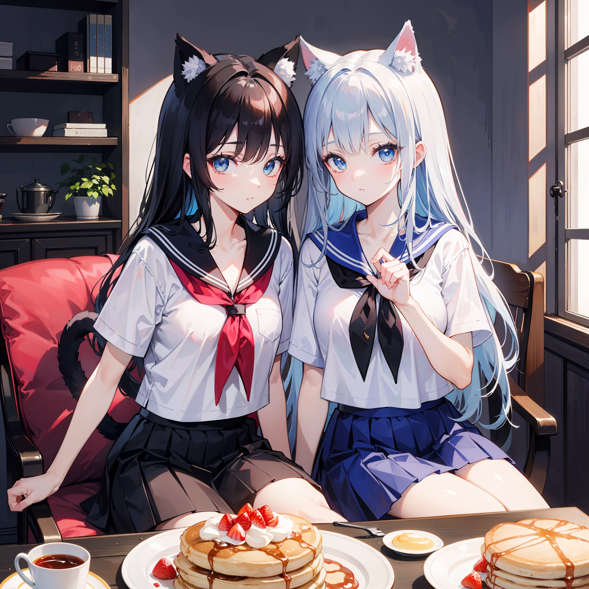 masutepiece,Best Quality,ultra-detailliert,Two hands,Two legs,Five Fingers,best faces,1 girl,Light blue long hair,timid,Cat ears,pale blue eyes, Height 145cm,small tits,Cat tail,a sailor suit,white t-shirts,a black skirt,Strawberry pancakes on a plate, blueberry, whipped cream,syrup,Bringing light to the eyes,Fashionable shops,Western style,Sitting on a chair,Take a photo of the pancake