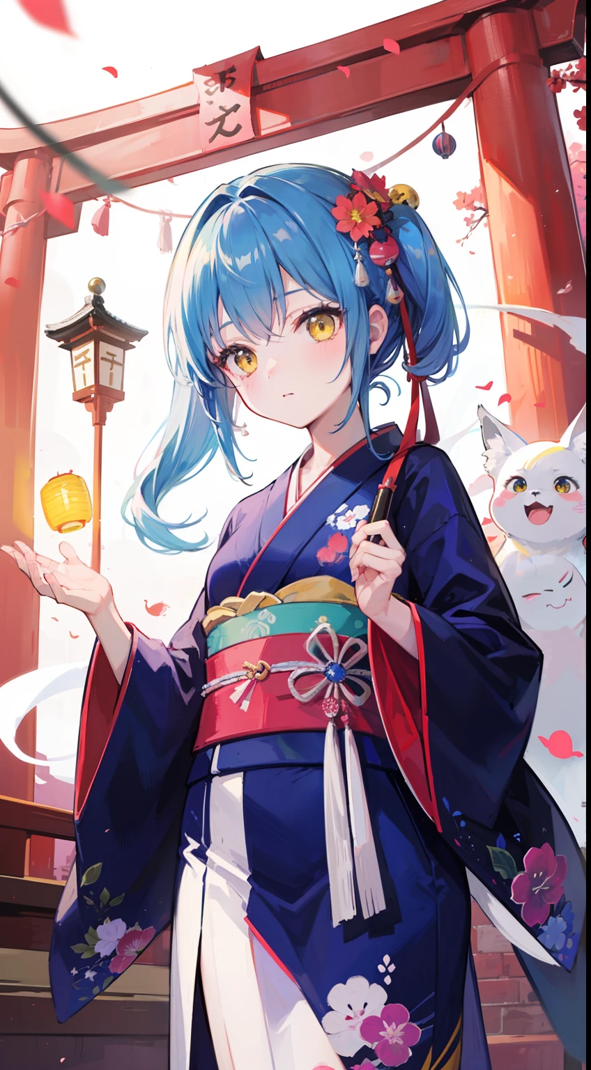 One girl、ghosts、Blue-haired、poneyTail、Fox face、Kimono Dresses、frilld、Ribbon Band、​masterpiece、top-quality、Top image quality、cute little、Yellow eyes、paper lanterns、（（（natta）））、torii gate、shrines、lantern