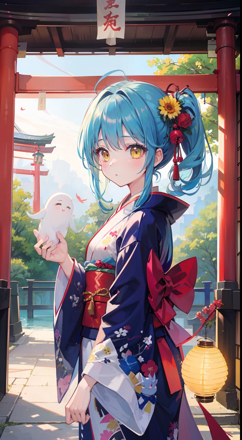 One girl、ghosts、Blue-haired、poneyTail、Fox face、Kimono Dresses、frilld、Ribbon Band、​masterpiece、top-quality、Top image quality、cute little、Yellow eyes、paper lanterns、（（（natta）））、torii gate、shrines、lantern