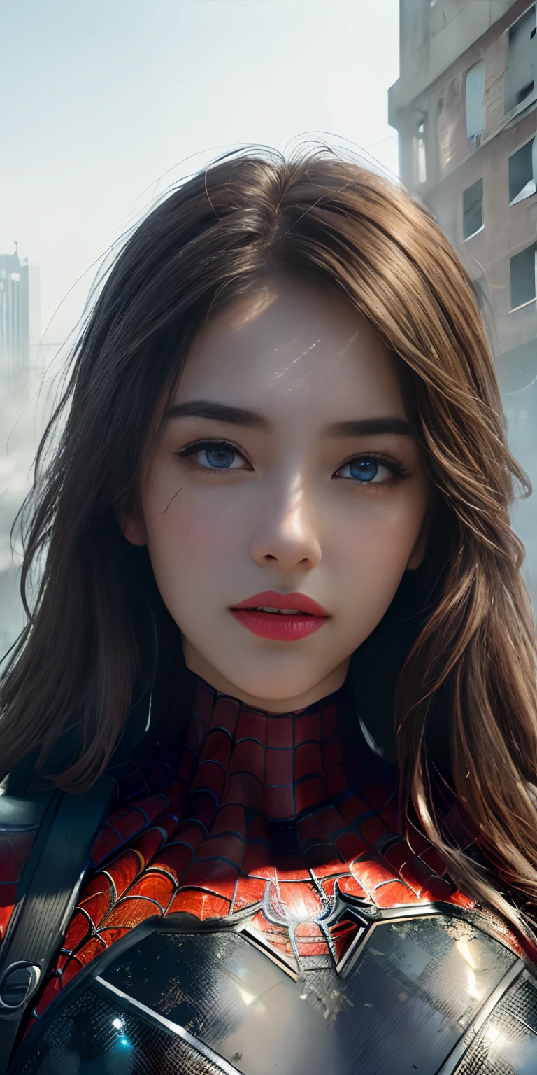 (1girl:1.3), solo, (((extremely detailed face))),(((extremely detailed eyes and face))),beautiful detailed eyes,body-parts__, official art, unified 8k wallpaper, super detailed, beautiful and aesthetic, beautiful, masterpiece, best quality, raw, masterpiece, super fine photo, best quality, super high resolution, photorealistic realism, sunlight, full body portrait, amazing beauty,, dynamic pose, delicate face, vibrant eyes, (from the front), she is wearing a Spider-man suit, red and black color scheme, spider, very detailed abandoned warehouse background, Detailed face, detailed complex busy background, messy, gorgeous, milky white, highly detailed skin, realistic skin details, visible pores, sharp focus, volumetric fog, 8k uhd, DSLR, high quality, film grain, fair skin, photo realism, lomography, huge metropolis in future dystopia, seen from below, translucent