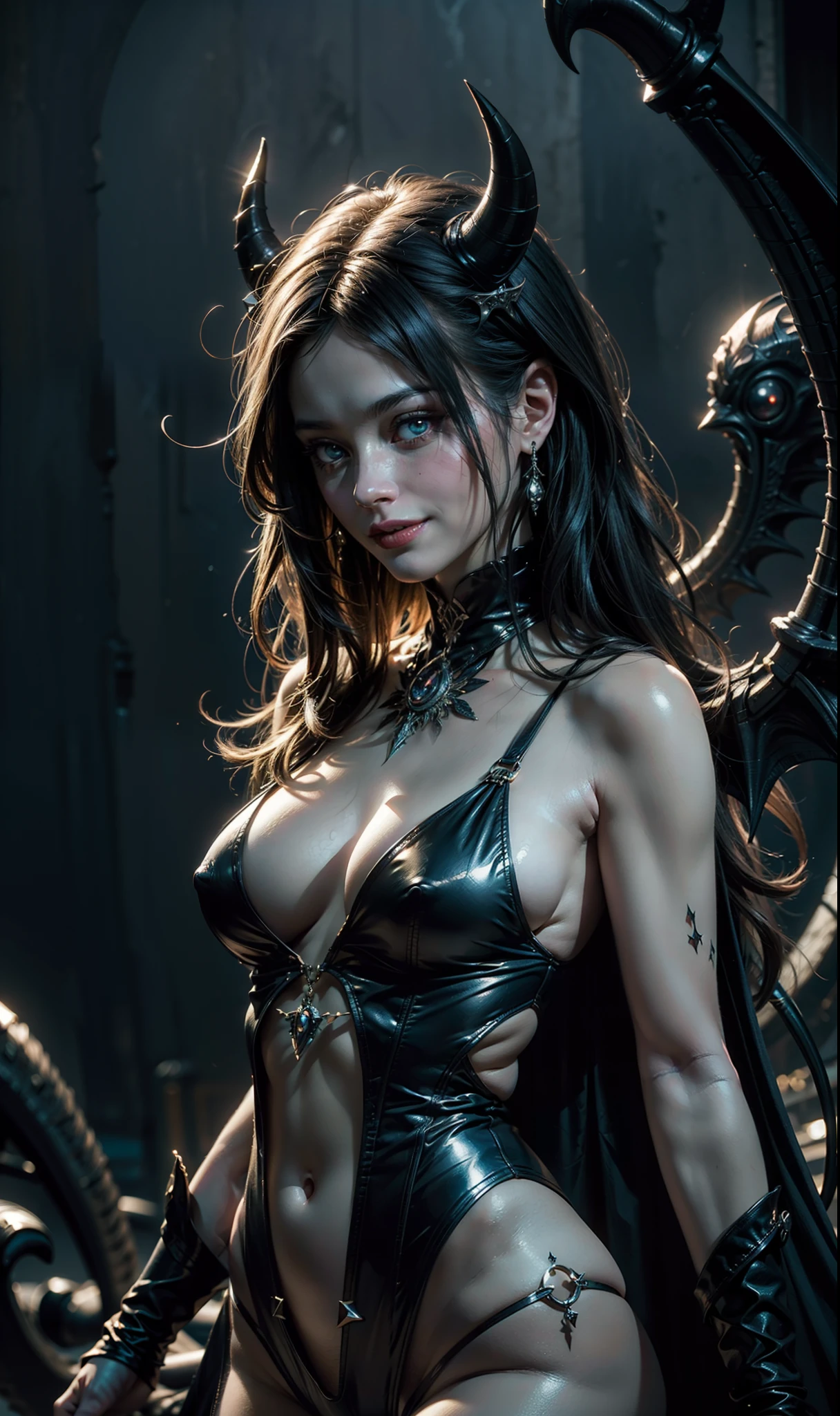 Beautiful portrait of perfect ((smiling demonic Succubus)), slender body, big heavy breasts, shapeless long hair, tiny horns, (wearing revealing gothic outfit), perfect features, abstract beauty, near perfection, pure form, dynamic pose, ethereal demonic background, (dark shadows), (strong cinematic lighting), ((rim lighting)), concept art by Greg Rutkowski and John William Waterhouse and Alphonse Mucha, stunning details, intricate details, 8k post-production, High resolution, super details, trending on ArtStation, sharp focus, depth of field f/1.8, studio photo.