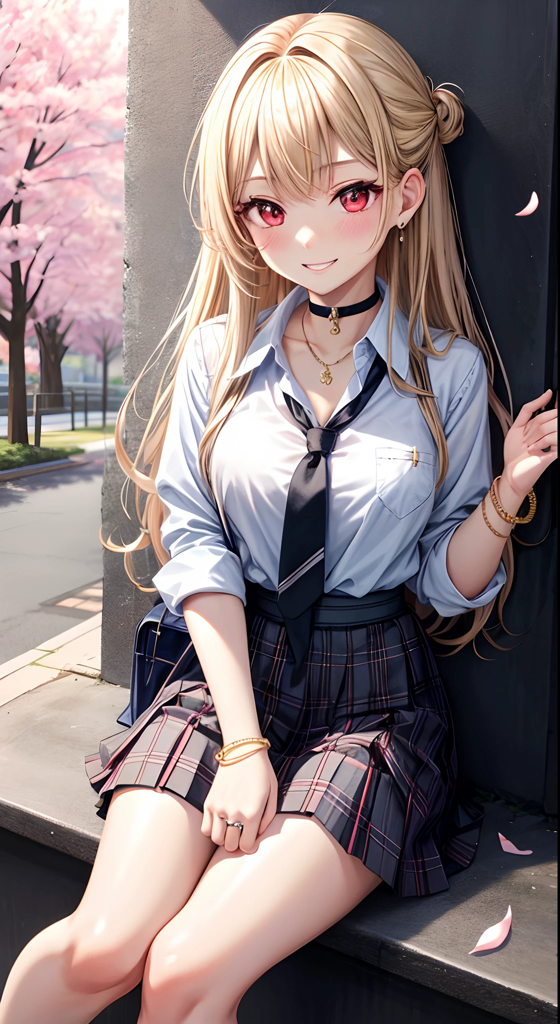 masterpiece, best quality, 1girl, long hair, bored, sitting, feet up, soles, forest bangs, black choker, black necktie, blonde hair, blue skirt, blush, bracelet, breasts, choker, clothes around waist, collarbone, collared shirt, cowboy shot, dress shirt, ear piercing, eyebrows visible through hair, gradient hair, grin, gyaru, jewelry, kogal, long hair, looking at viewer, loose necktie, necktie, piercing, plaid, plaid skirt, pleated skirt, red eyes, ring, school uniform, shirt, skirt, smile, solo, white shirt, street, sky, cherry blossoms, petals, 粉发，（比基尼）