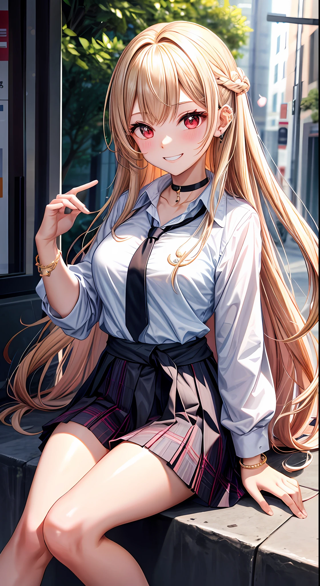 masterpiece, best quality, 1girl, long hair, bored, sitting, feet up, soles, forest bangs, black choker, black necktie, blonde hair, blue skirt, blush, bracelet, breasts, choker, clothes around waist, collarbone, collared shirt, cowboy shot, dress shirt, ear piercing, eyebrows visible through hair, gradient hair, grin, gyaru, jewelry, kogal, long hair, looking at viewer, loose necktie, necktie, piercing, plaid, plaid skirt, pleated skirt, red eyes, ring, school uniform, shirt, skirt, smile, solo, white shirt, street, sky, cherry blossoms, petals, 粉发，（比基尼）