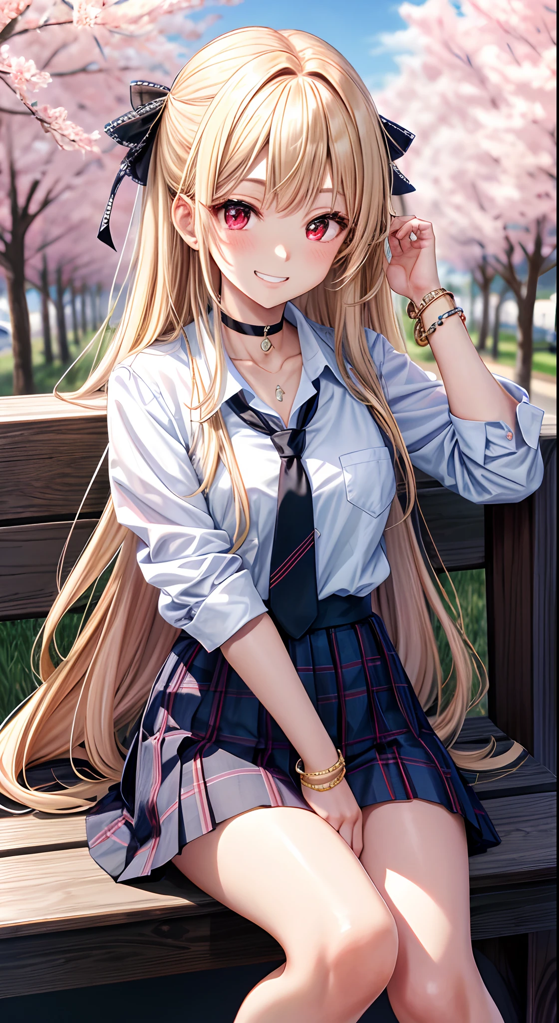 masterpiece, best quality, 1girl, long hair, bored, sitting, feet up, soles, forest bangs, black choker, black necktie, blonde hair, blue skirt, blush, bracelet, breasts, choker, clothes around waist, collarbone, collared shirt, cowboy shot, dress shirt, ear piercing, eyebrows visible through hair, gradient hair, grin, gyaru, jewelry, kogal, long hair, looking at viewer, loose necktie, necktie, piercing, plaid, plaid skirt, pleated skirt, red eyes, ring, school uniform, shirt, skirt, smile, solo, white shirt, street, sky, cherry blossoms, petals, 粉发，（比基尼）