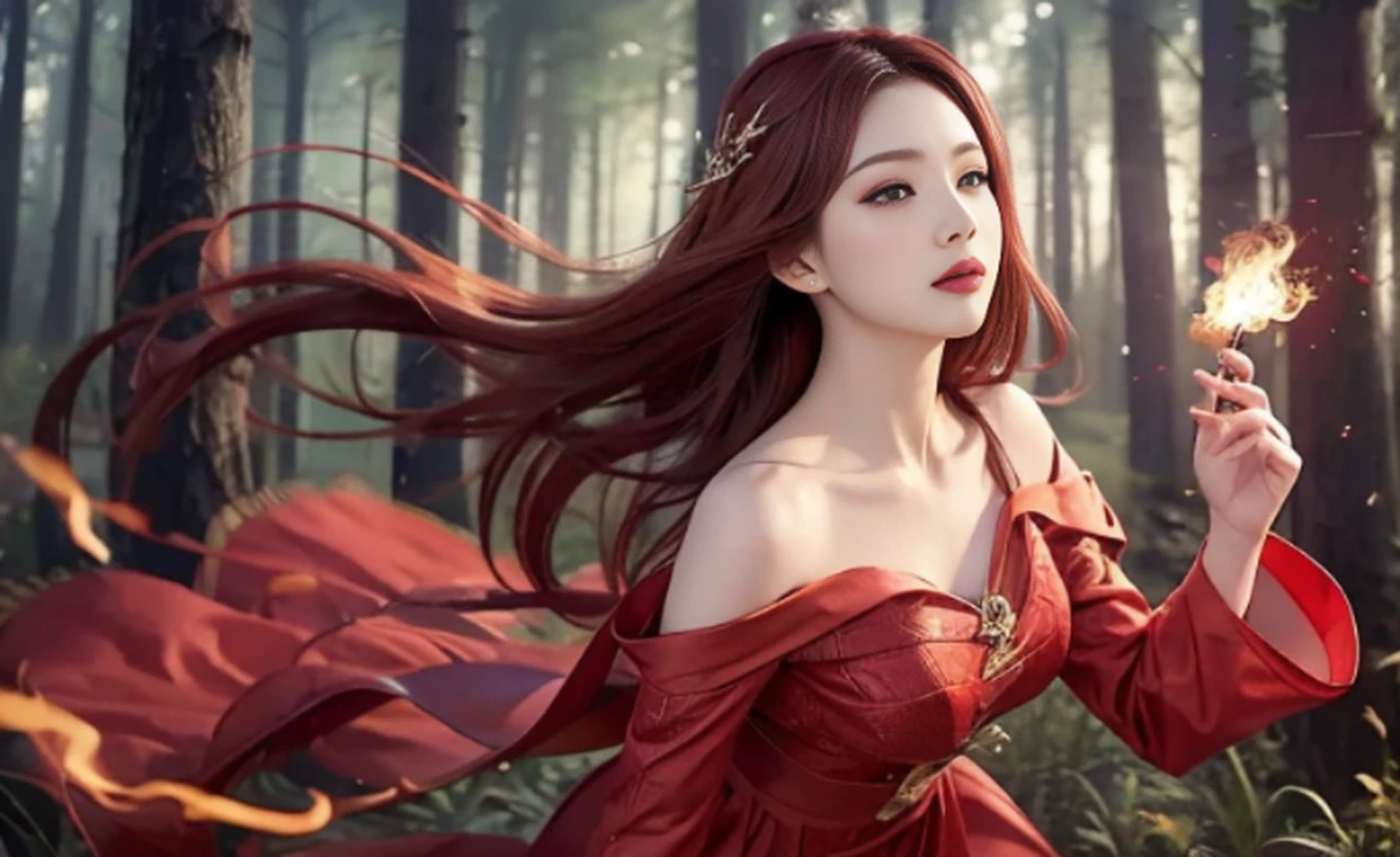 (Masterpiece, Top Quality, Best, Official Art, Beautiful and Aesthetic, Long Exposure: 1.2), Smooth Movement, Glamorous Pattern, 1 Girl, (Long Skirt with Sleeves: 1.3), (((Red Hair Red Dress))), Upper Body Close-Up, No Shoulders, Chinese Girl, Blush, Black Lob Hair, Portrait, Solo, Upper Body, Gaze Observer, Detailed Background, Detailed Face, (crystallineAI, crystalline theme: 1.1), Elemental Wood Elf, Spinner Flame, Control Flame, Red Clothes, Dynamic Pose, Floating Particles, Ethereal Power, Flame, Vapor, Forest in the Background, Ethereal Atmosphere --Naji5 --AR4:3 ---S750 --Q2 --v6