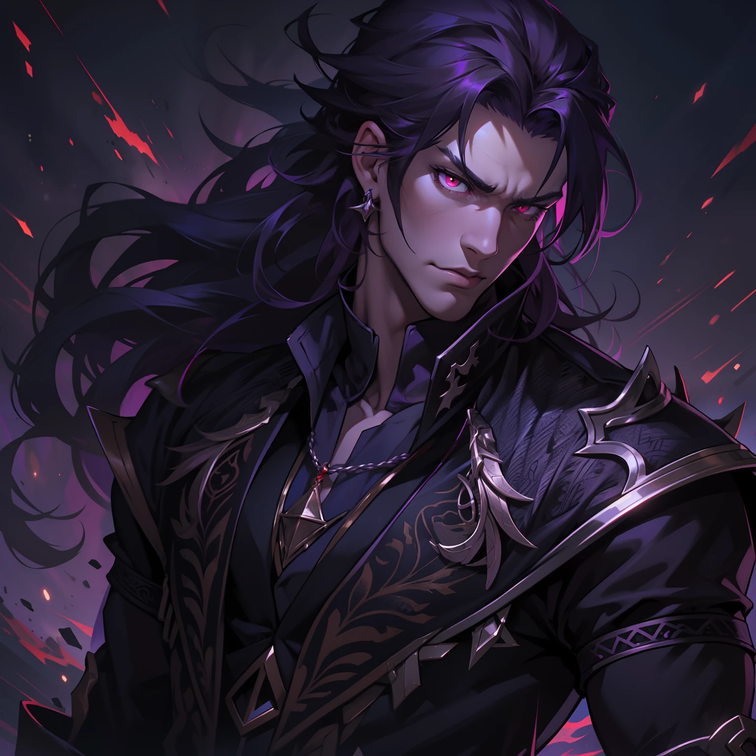 like all the demon princes, I am quite tall. I have purple hair tied back in a ponytail, and red eyes with sharp silver pupils. I wear fine clothes, as befits a prince of Hell, though they are always black. My demeanor is haughty, arrogant, and superior to others. I carry myself with confidence and a sense of pride that is unrivaled. When I speak, my words are sharp and my voice is powerful. I am the embodiment of pride and arrogance. handsome male, bara, muscular (8k) (good quality) dark purple hair. Red eyes.