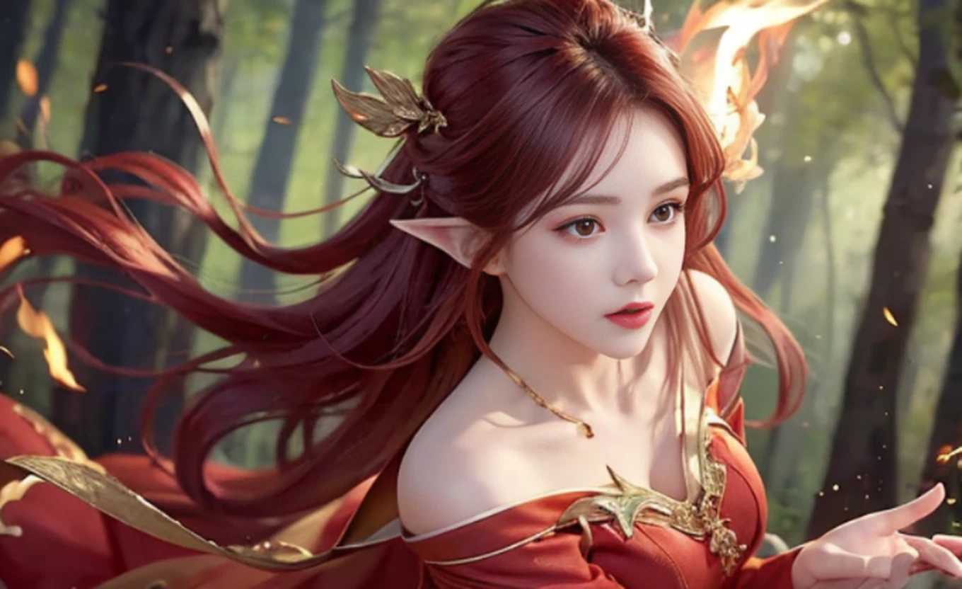 (Masterpiece, Top Quality, Best, Official Art, Beautiful and Aesthetic, Long Exposure: 1.2), Smooth Movement, Glamorous Pattern, 1 Girl, (Long Skirt with Sleeves: 1.3), (((Red Hair Red Dress))), Upper Body Close-Up, No Shoulders, Chinese Girl, Blush, Black Lob Hair, Portrait, Solo, Upper Body, Gaze Observer, Detailed Background, Detailed Face, (crystallineAI, crystalline theme: 1.1), Elemental Wood Elf, Spinner Flame, Control Flame, Red Clothes, Dynamic Pose, Floating Particles, Ethereal Power, Flame, Vapor, Forest in the Background, Ethereal Atmosphere --Naji5 --AR4:3 ---S750 --Q2 --v6