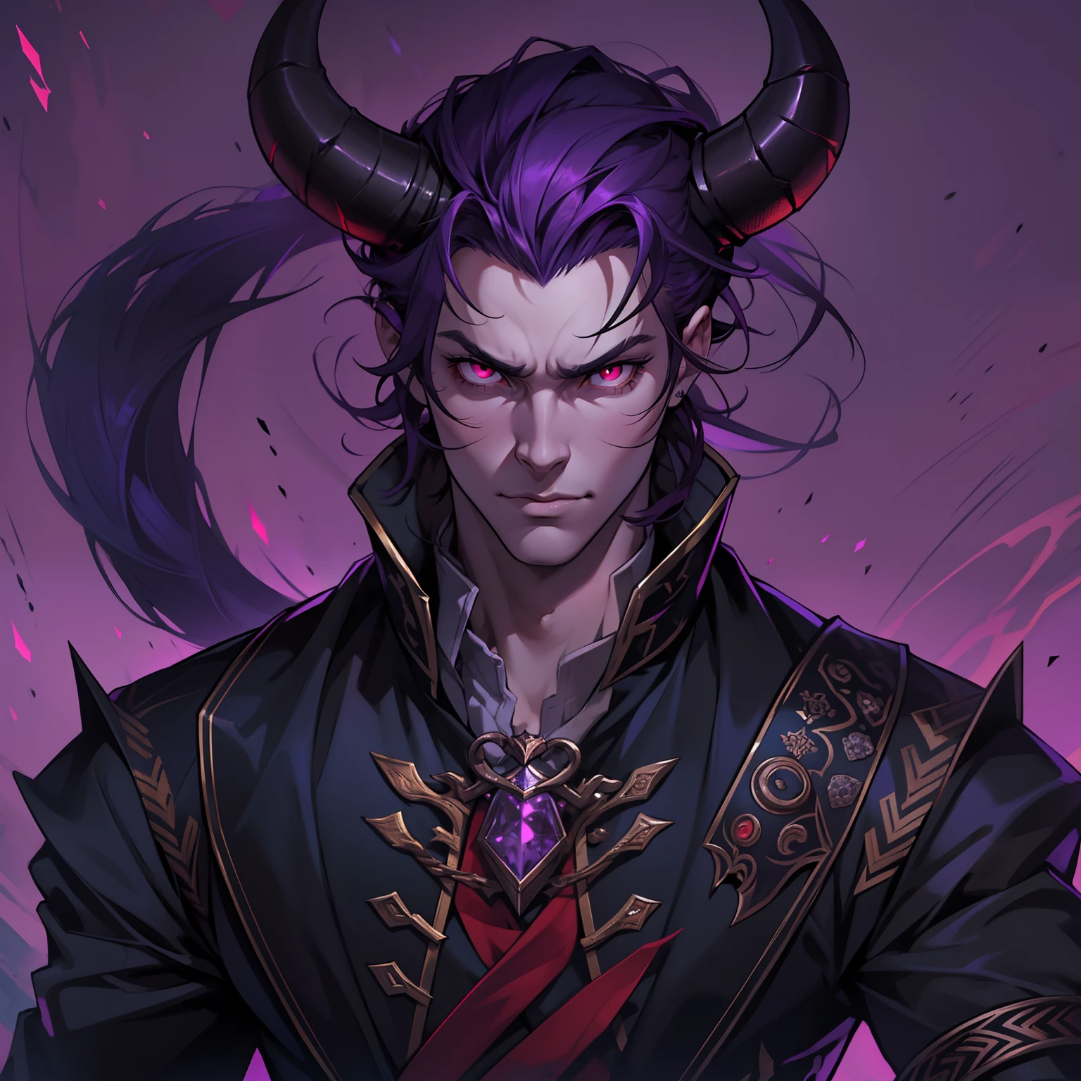 like all the demon princes, I am quite tall. I have purple hair tied back in a ponytail, and red eyes with sharp silver pupils. I wear fine clothes, as befits a prince of Hell, though they are always black. My demeanor is haughty, arrogant, and superior to others. I carry myself with confidence and a sense of pride that is unrivaled. When I speak, my words are sharp and my voice is powerful. I am the embodiment of pride and arrogance. handsome male, bara, muscular (8k) (good quality) dark purple hair. Red eyes.