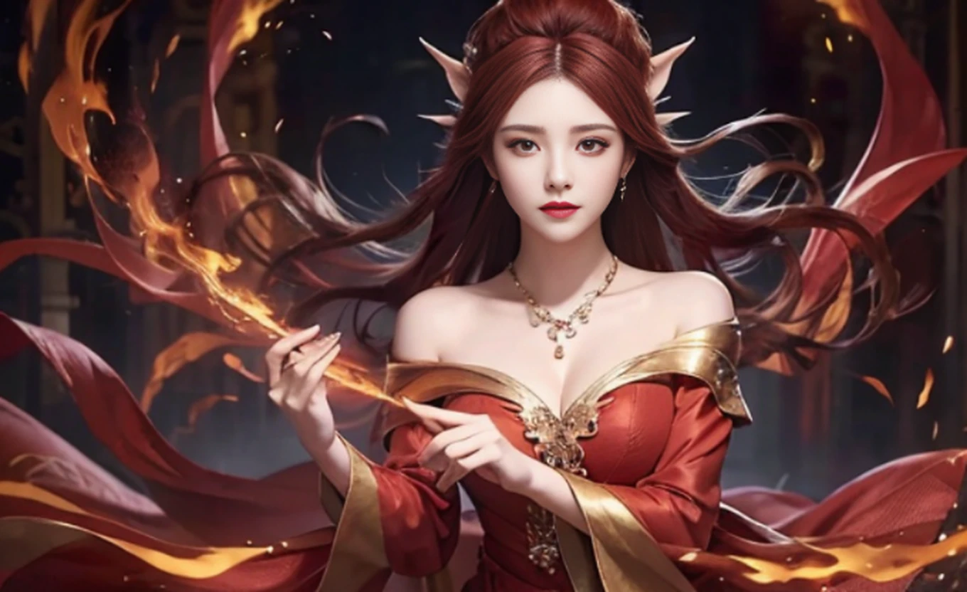 (Masterpiece, Top Quality, Best, Official Art, Beautiful and Aesthetic, Long Exposure: 1.2), Smooth Movement, Glamorous Pattern, 1 Girl, (Long Skirt with Sleeves: 1.3), (((Red Hair Red Dress))), Upper Body Close-Up, No Shoulders, Chinese Girl, Blush, Black Lob Hair, Portrait, Solo, Upper Body, Gaze Observer, Detailed Background, Detailed Face, (crystallineAI, crystalline theme: 1.1), Elemental Wood Elf, Spinner Flame, Control Flame, Red Clothes, Dynamic Pose, Floating Particles, Ethereal Power, Flame, Vapor, Forest in the Background, Ethereal Atmosphere --Naji5 --AR4:3 ---S750 --Q2 --v6