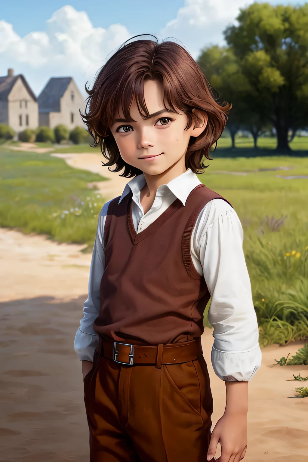 Conan Exiles style, one children (male) (9 years old), Tan skin, 1kid, top rated Pixiv, slim body, long sleeved shirt, brown pants, short wavy brown hair, short hair, violet eyes (Princess eyes), D&D character, Peasant boy, villager , Friendly Smile, slightly sloppy clothes, Medieval Style Clothing, Simple Clothing, Human, Cute Face, Young Face, Skill Picture, Villager Clothes, Mill Village, mischievous smile, playful air