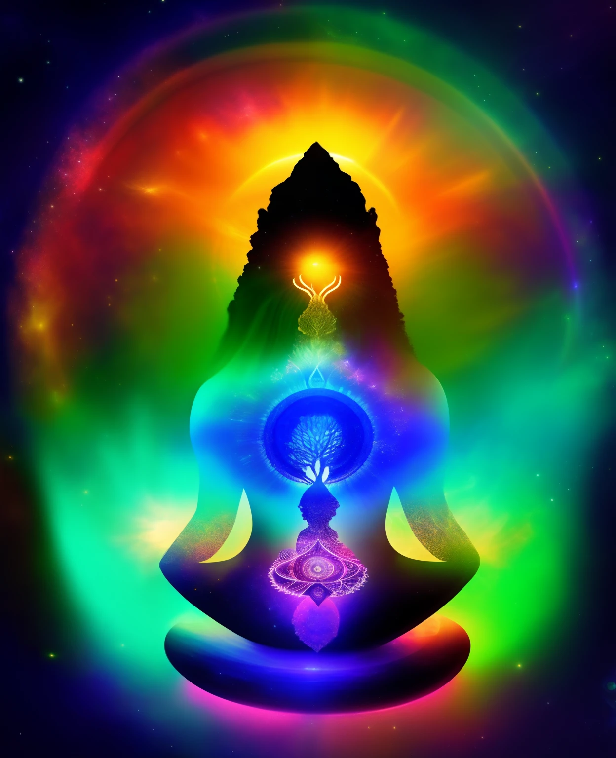 a painting of a person sitting in lotus position with the sun and the tree of life, wearing psychedelic wicca, Intrincado espectro Wiccano, kundalini energia, Chakras, um ser interdimensional, psychedelic artwork, psychedelic therapy, psychedelic aesthetic, collective consciousness, canalizando a energia do terceiro olho, elevated consciousness, Ajna Chakra, psychedelic style, cosmic tree of life, diagrama de chakra