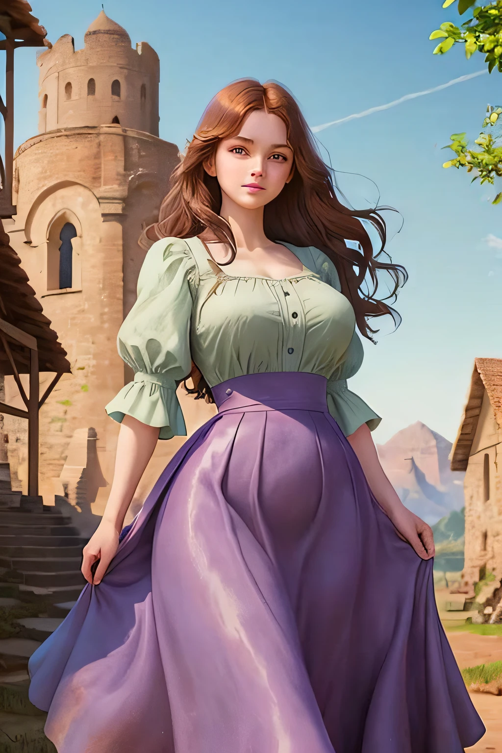 Conan Exiles Style, young female (), top rated pixiv, statuesque body, (hourglass figure) voluptuous bust, narrow waist, wide hips, princess face, smile, long wavy brown hair, violet eyes (princess eyes ), D&D character, peasant girl, village girl, long sky blue skirt, fabric clothes, (((long skirt))), low cut shirt, highlighted bust, medieval style dress, simple clothing, human, beautiful face, young face, image of skill, village girl clothes, kind expression, kind, beautiful young lady, village with a mill in the background, seductive, waifu