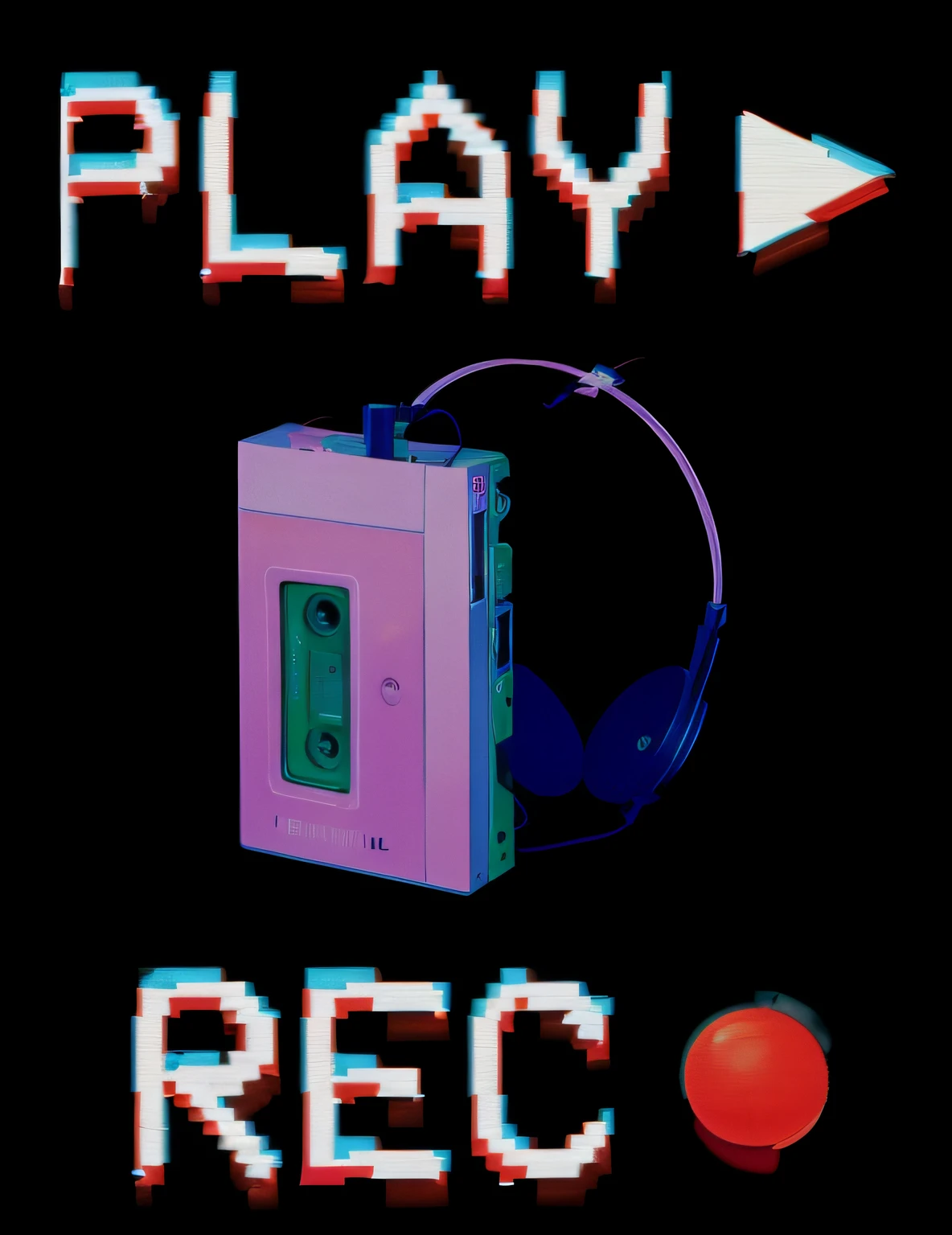 There's a pink cassette player with headphones and a red ball, brincar, retro cover, music being played, Deck de fitas, Arte Promocional, album cape, arte da capa, cassette, plays music, lo-fi retro videogame, ( ( ( Synthwave ) ) ), VHS Recording, Album art, arte oficial, Vamos jogar, fita, futurismo em