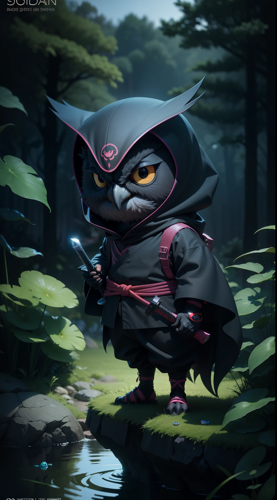 create a vibrant dark fantasy cute ninja owl in a clean-lined minimalistic cartoon style, in the background a pond with greenery all around on a fabulous evening, octane render, 8k