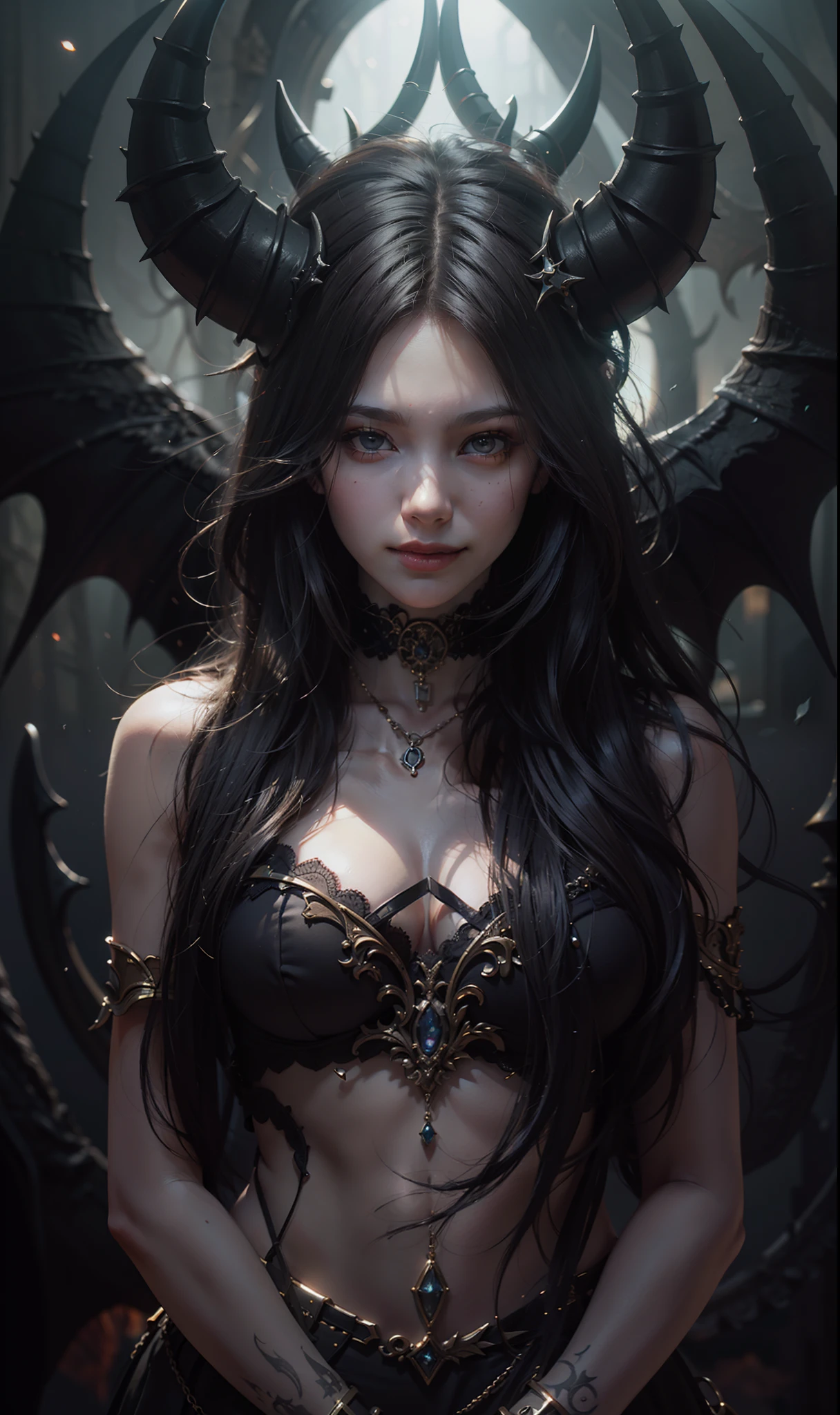 Beautiful portrait of perfect ((smiling demonic Succubus)), slender body, big heavy breasts, shapeless long hair, tiny horns, (wearing revealing gothic outfit), perfect features, abstract beauty, near perfection, pure form, dynamic pose, ethereal demonic background, (dark shadows), (strong cinematic lighting), ((rim lighting)), concept art by Greg Rutkowski and John William Waterhouse and Alphonse Mucha, stunning details, intricate details, 8k post-production, High resolution, super details, trending on ArtStation, sharp focus, depth of field f/1.8, studio photo.