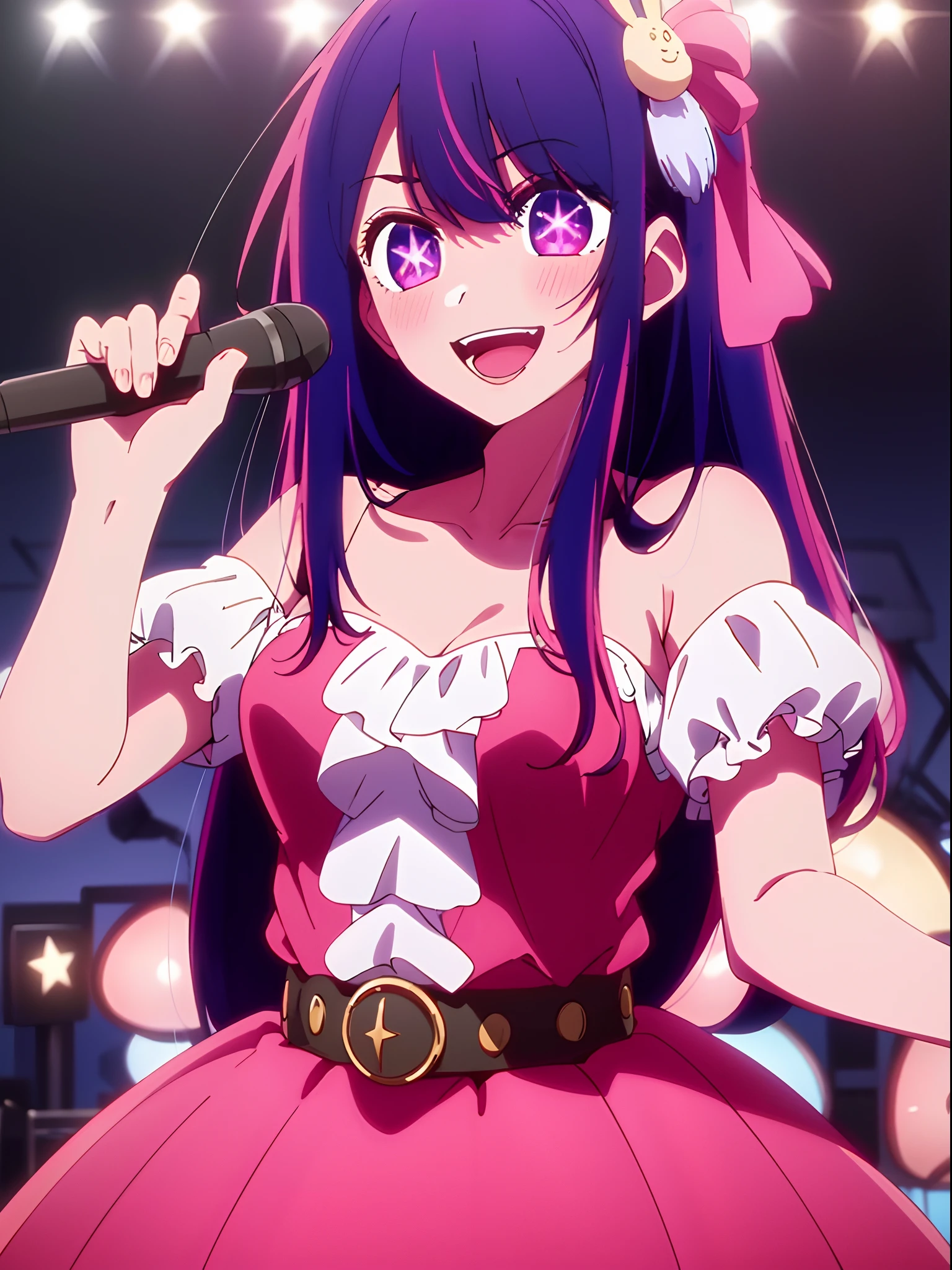 ​masterpiece、ighly detailed、(1 girl in:1.2)、purple color  hair、pink  dress、big eye、a closeup、a smile、8K 、Ai Hoshino、Live performance venue ((best quality, high details):1.4), ((nsfw):1.1),show tits,show