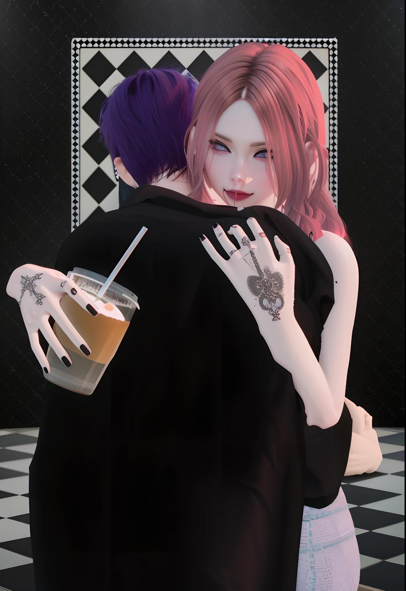 There is a woman hugging a man with a drink in one hand, imvu, Tumbler, secondlife, Couple Pose, ( ( 3 d render ) ), ( ( ( ( 3 d render ) ) ) ), creepy pose, inspired by Sim Sa-jeong, nixeu and sakimichan, [ Digital Art ]!!, Lovers, Hugging