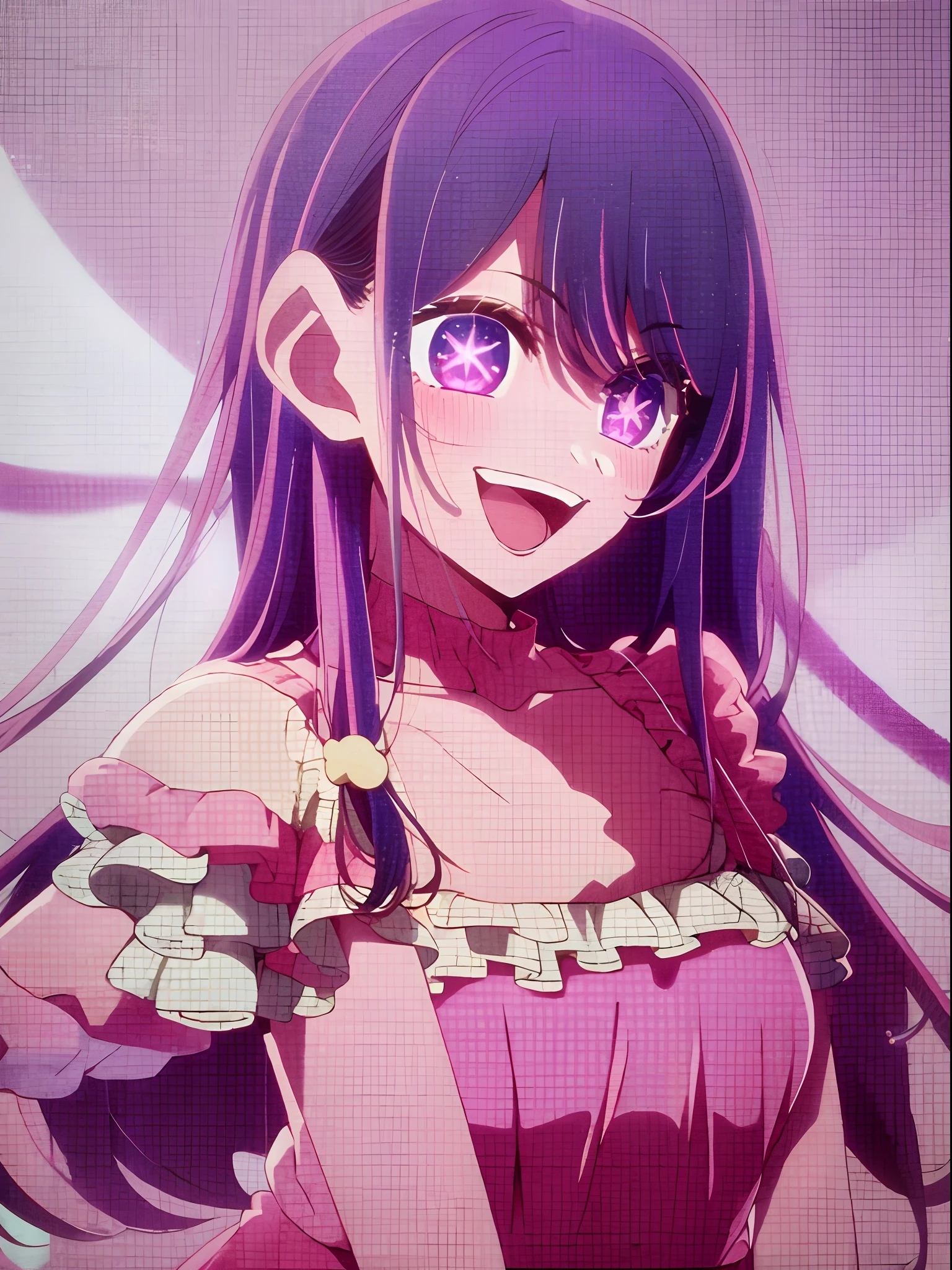 ​masterpiece、ighly detailed、(1 girl in:1.2)、purple color  hair、pink  dress、big eye、a closeup、A smile、8K、Ai Hoshino、Live performance venue、